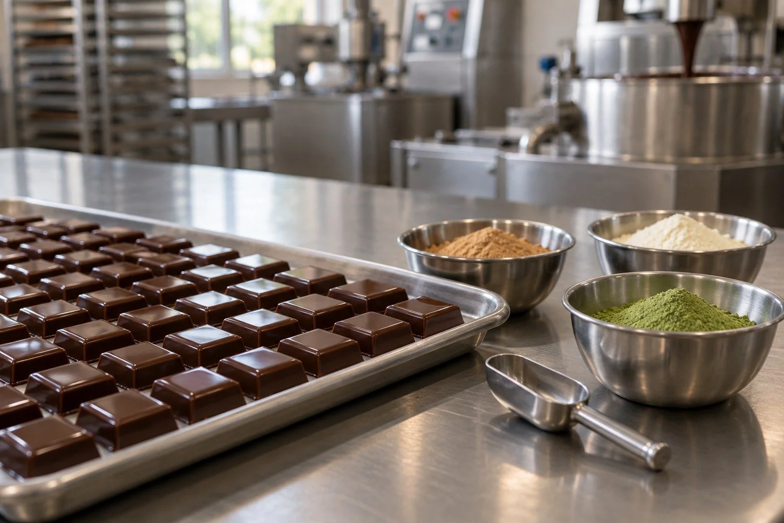 Tray of dark chocolate squares beside bowls of ingredient powders on a steel worktable