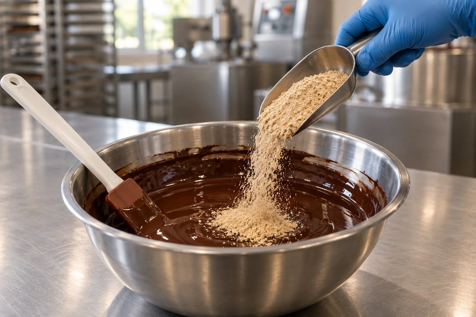 Gloved hand tipping a scoop of powder into a bowl of melted dark chocolate