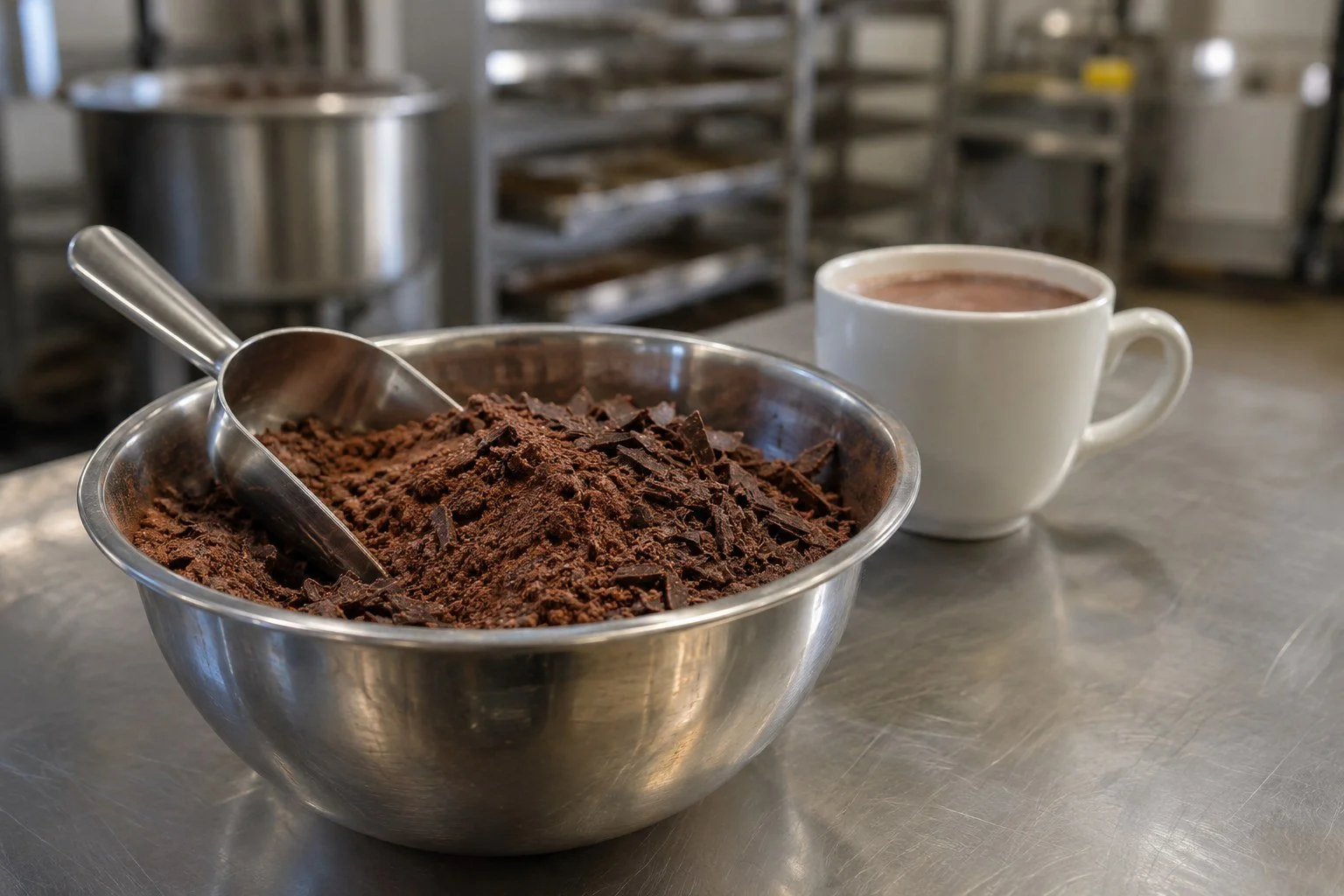 Bowl of drinking chocolate with a scoop beside a cup of hot chocolate
