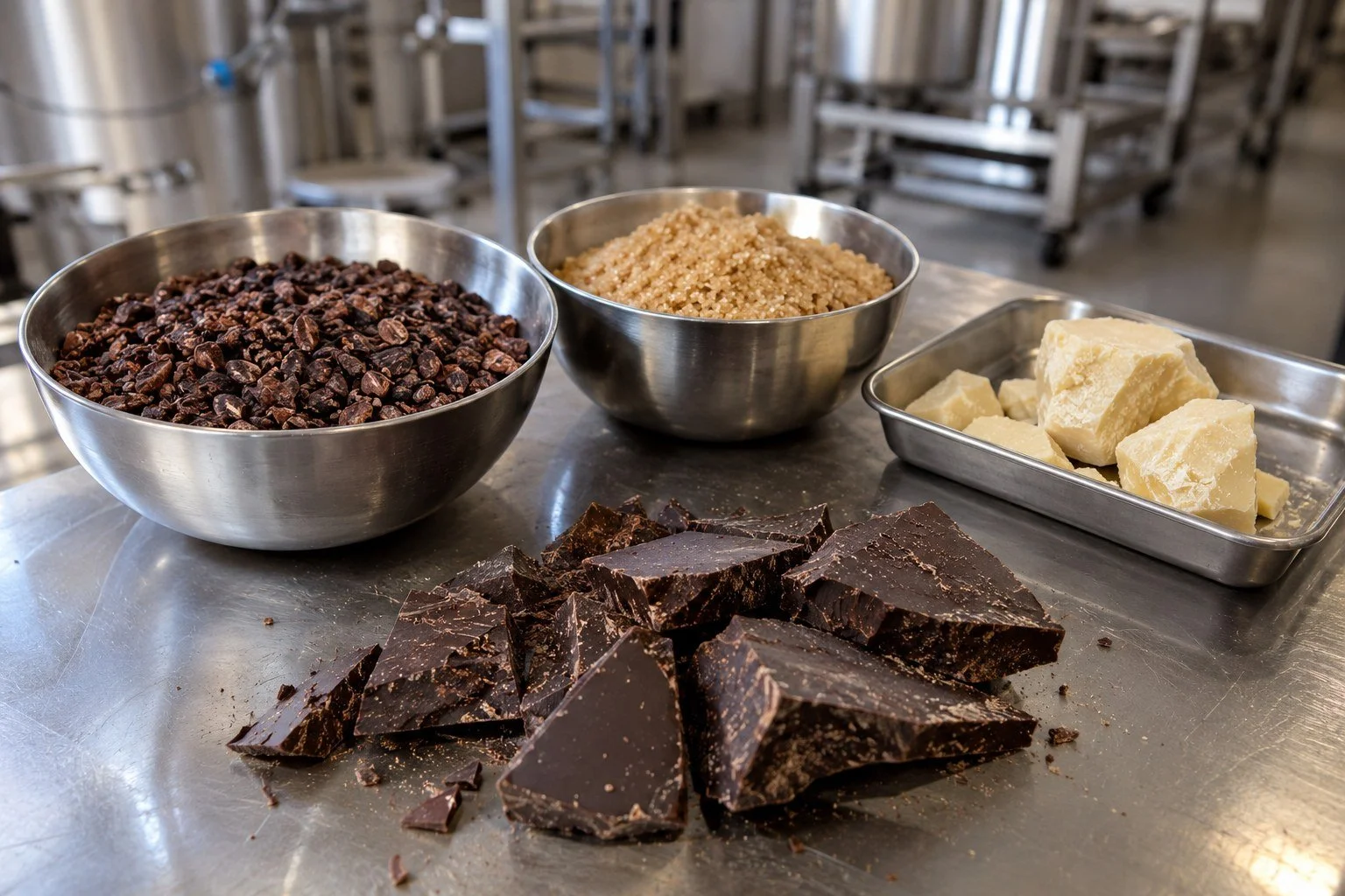 Bowls of cacao nibs and cane sugar with cocoa butter and broken dark chocolate