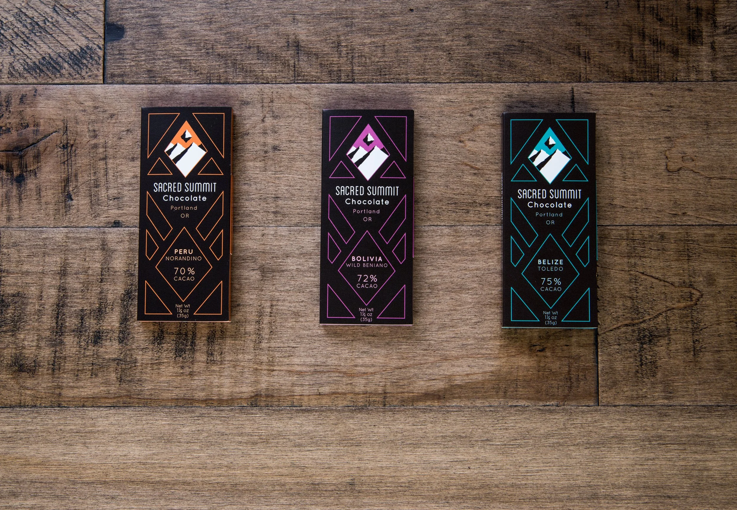Sacred Summit chocolate bar in its printed wrapper on a wooden table