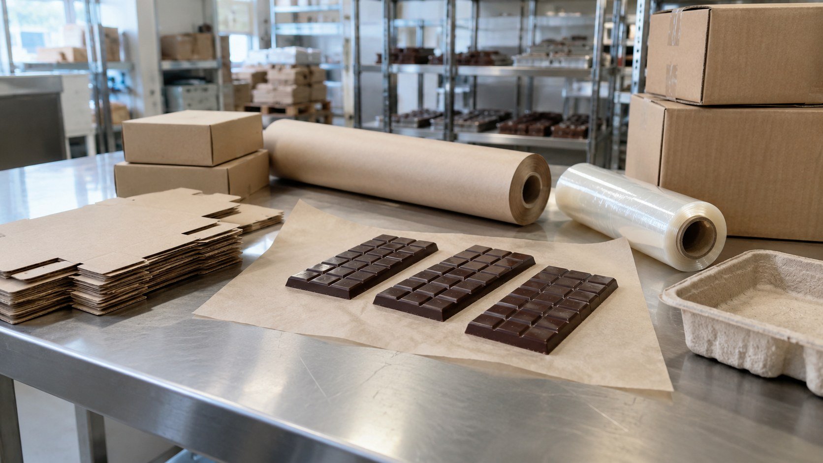 Kraft cartons, paper wrap and shipping boxes around three dark chocolate bars