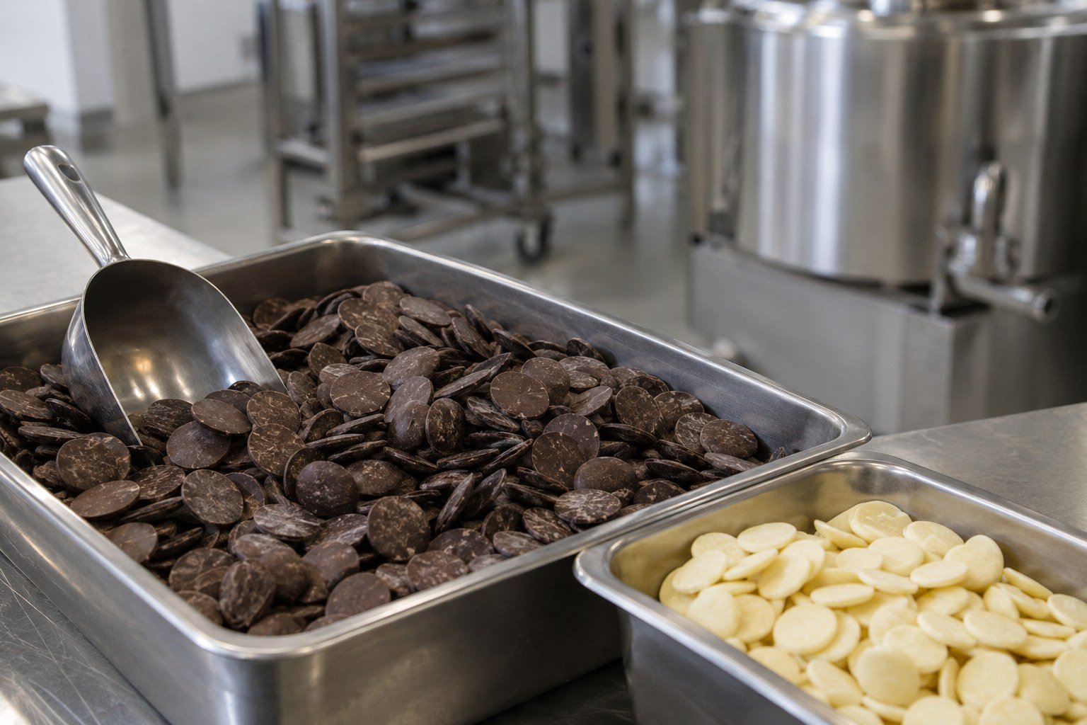 Trays of cacao paste wafers and cocoa butter wafers with a steel scoop