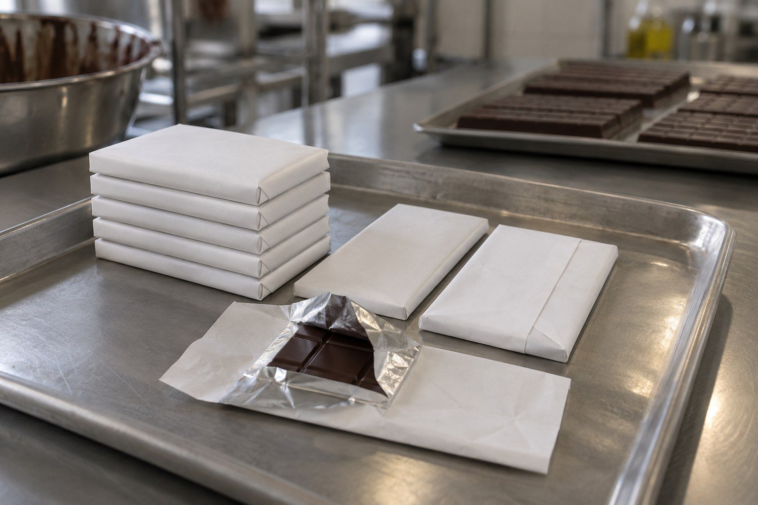 Fold-wrapped chocolate bars in white paper, one opened to show the silver foil