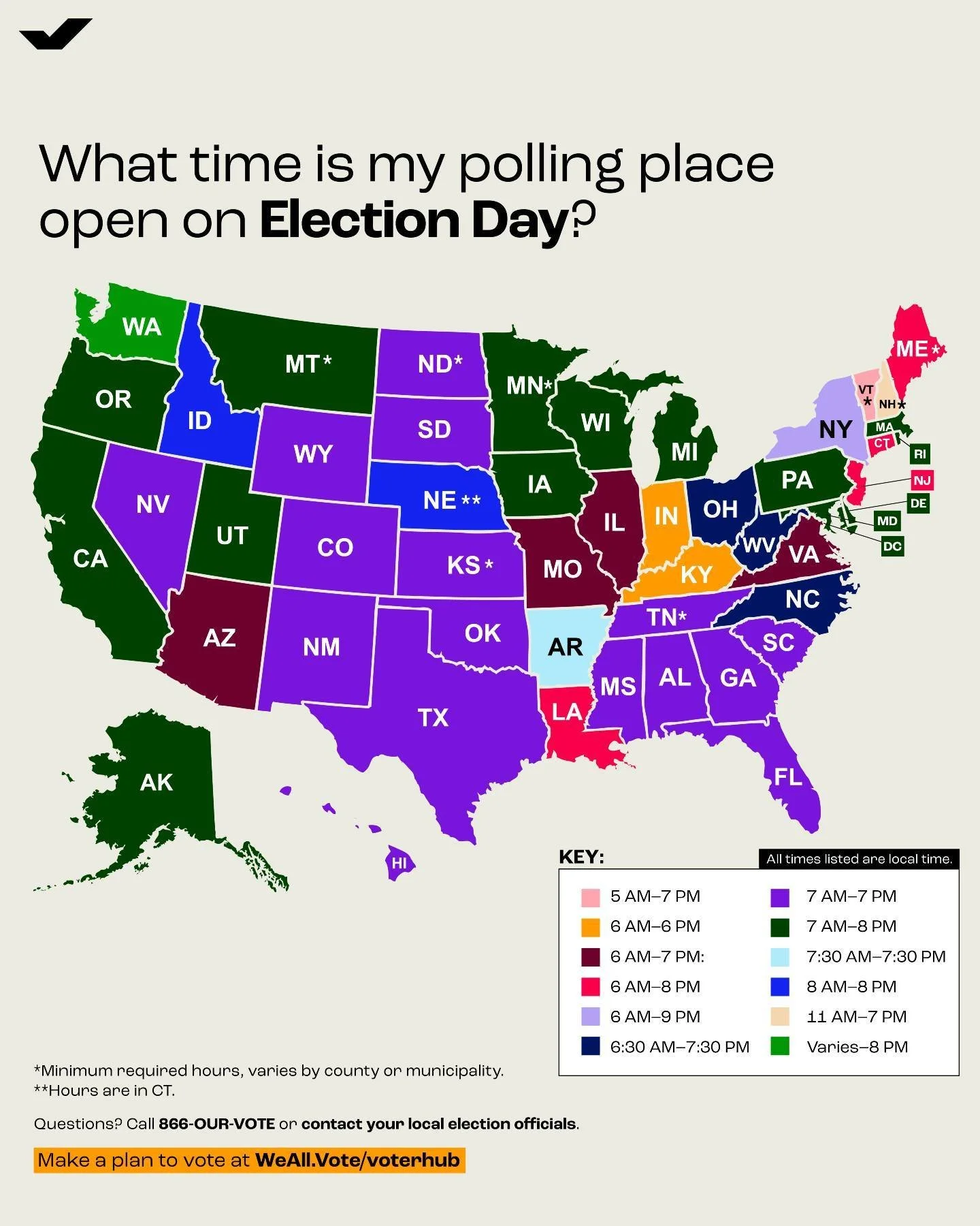 Before you head out to vote today, make sure you know your polling place hours! Every location may have different opening and closing times. Check ahead of time to avoid any surprises at the polls.

Find your polling place and hours now with @WhenWeA