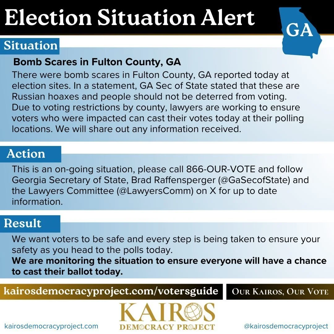 Election Situation Alert from Georgia.

This is an on-going situation, please call 866-OUR-VOTE and follow Georgia Secretary of State, Brad Raffensperger (@GaSecofState) and the Lawyers Committee (@LawyersComm) on X for up to date information.
.
.
.

