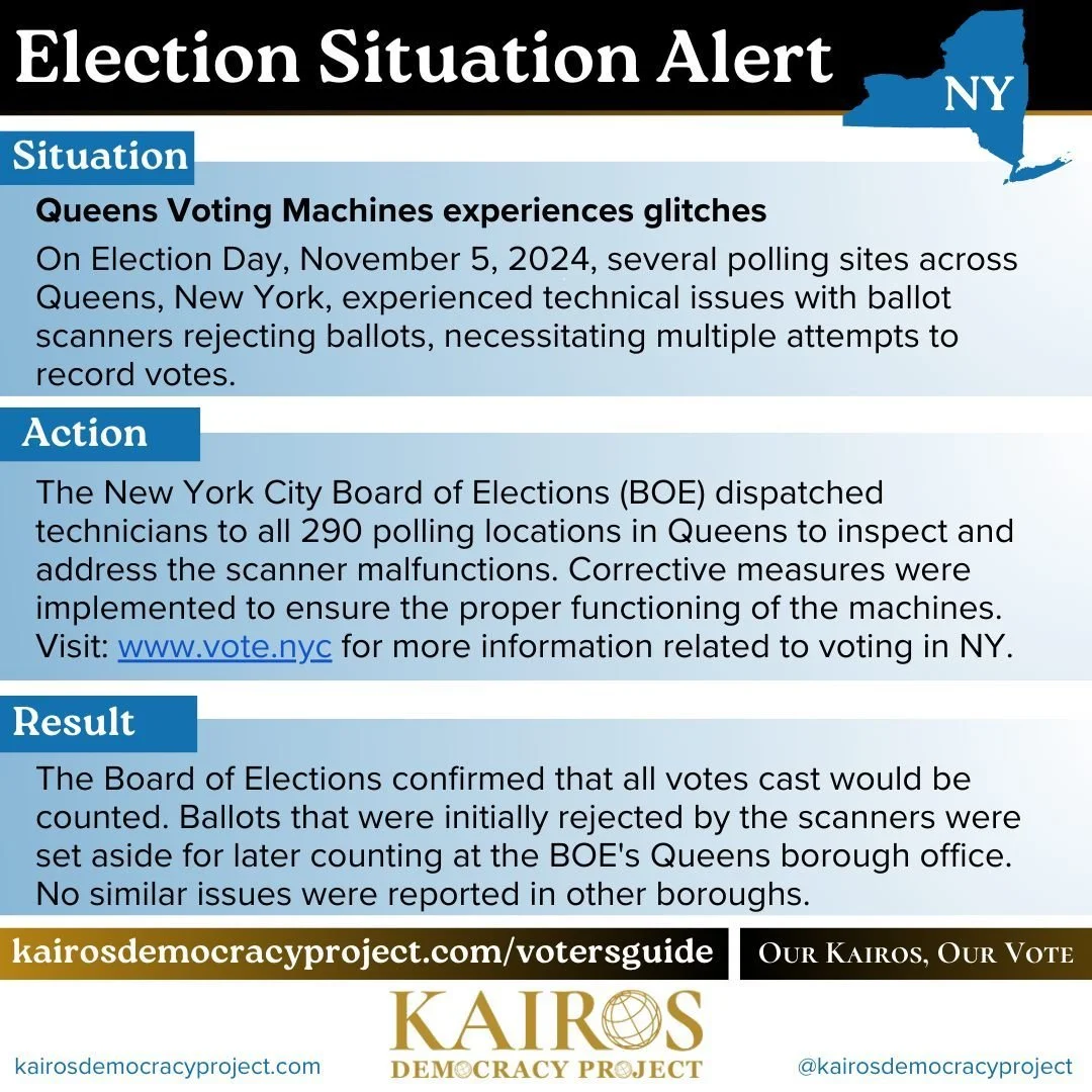 Queens Voting Machines experienced glitches.

The New York City Board of Elections (BOE) dispatched technicians to all 290 polling locations in Queens to inspect and address the scanner malfunctions. Corrective measures were implemented to ensure the
