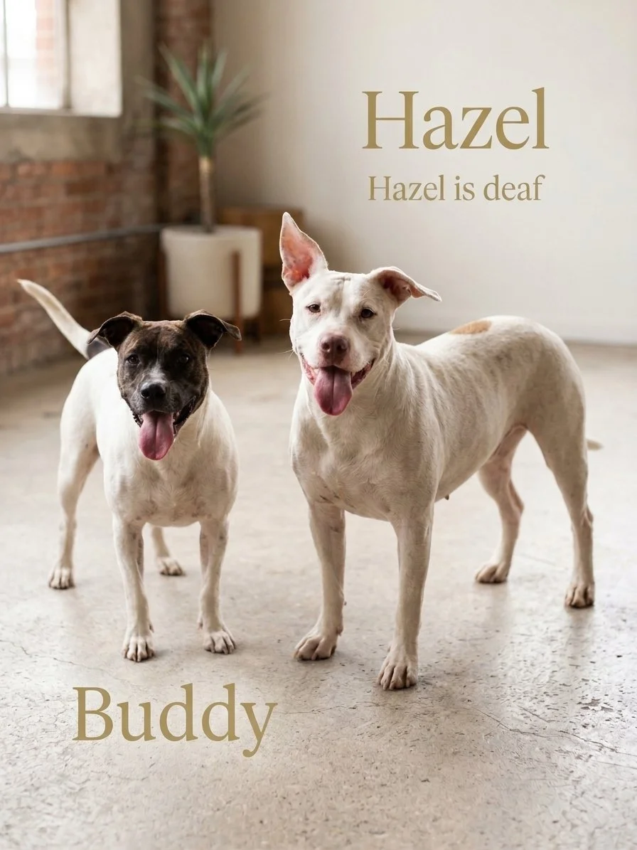Hazel is a 3 year old deaf pitty.
She weighs in at about 50 lbs and is short and stocky.

She is a super sweet girl who LOVES her playmates especially Jagger!
Them 2 will play for hours.

Still unsure about house rules as she thinks she belongs on th