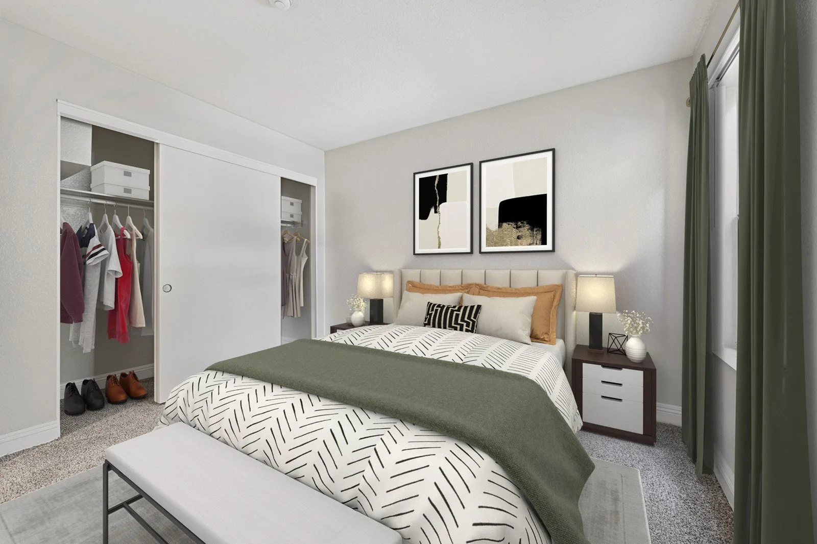 An image of our second bedroom in the  Two-Bedroom, Two-Bathroom Unit, shown with Furniture. 