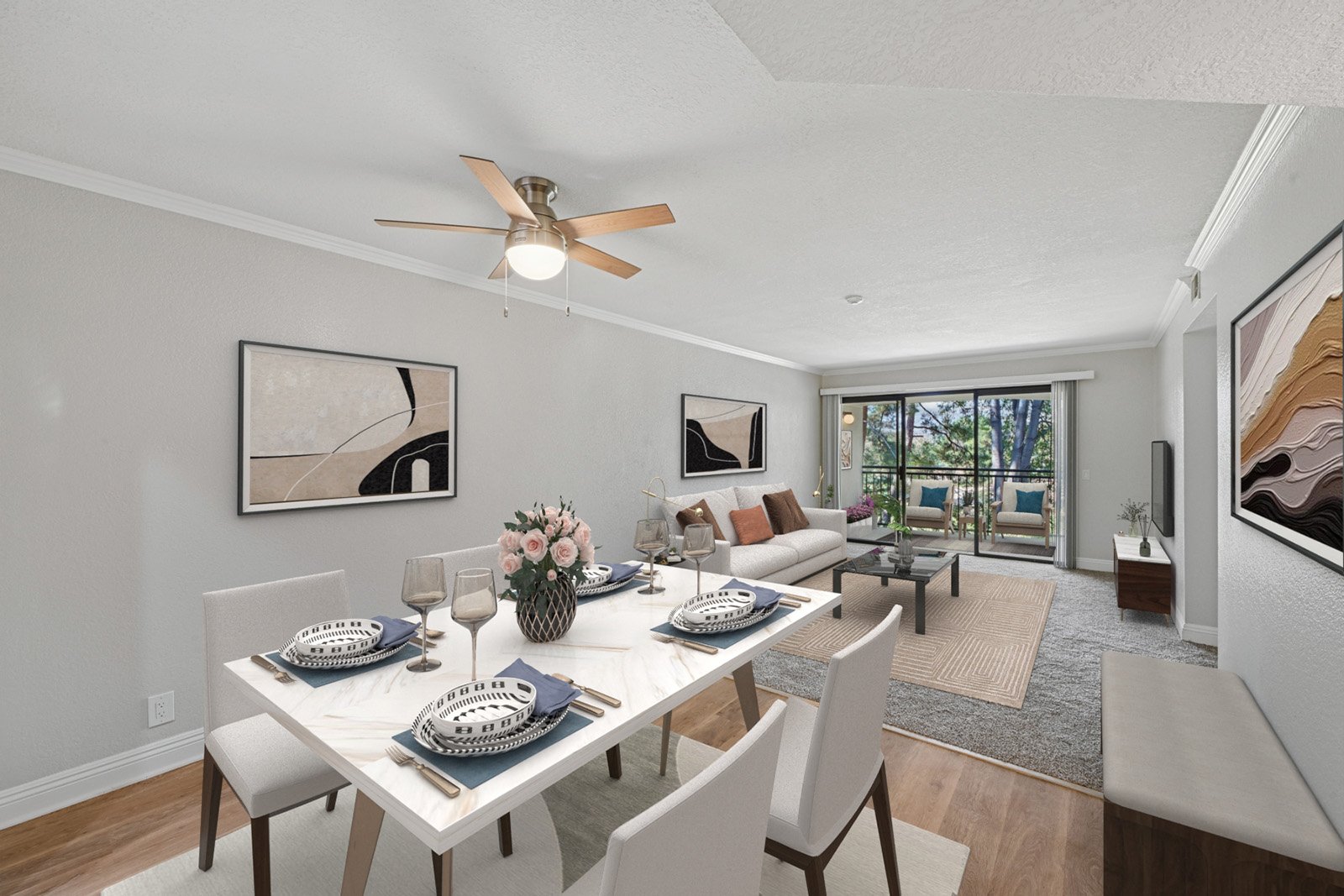 An image of our inviting dining room in the  Two-Bedroom, Two-Bathroom Unit, shown with Furniture. 