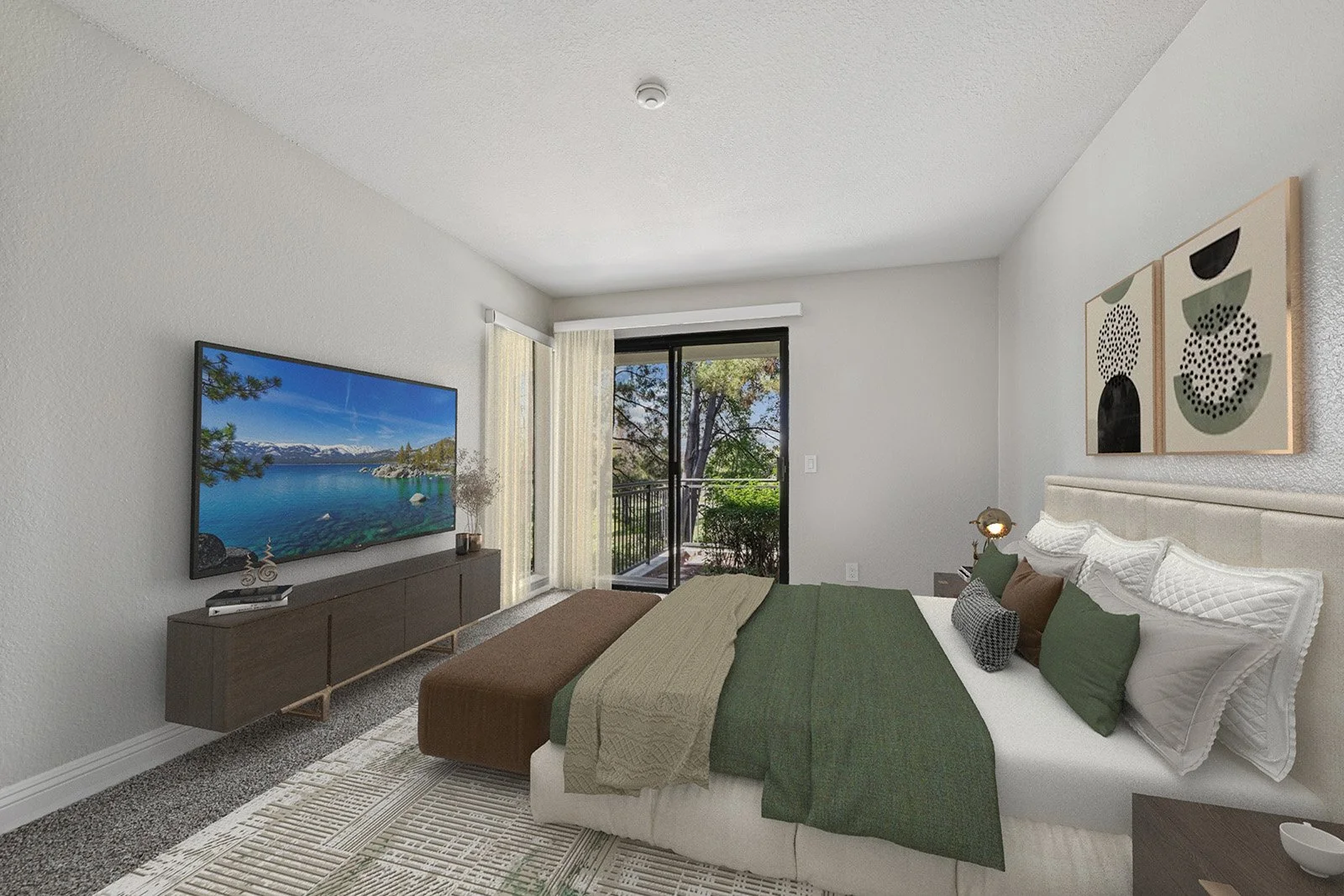 An image of our luxurious primary bedroom in the  Two-Bedroom, Two-Bathroom Unit, shown with Furniture. 