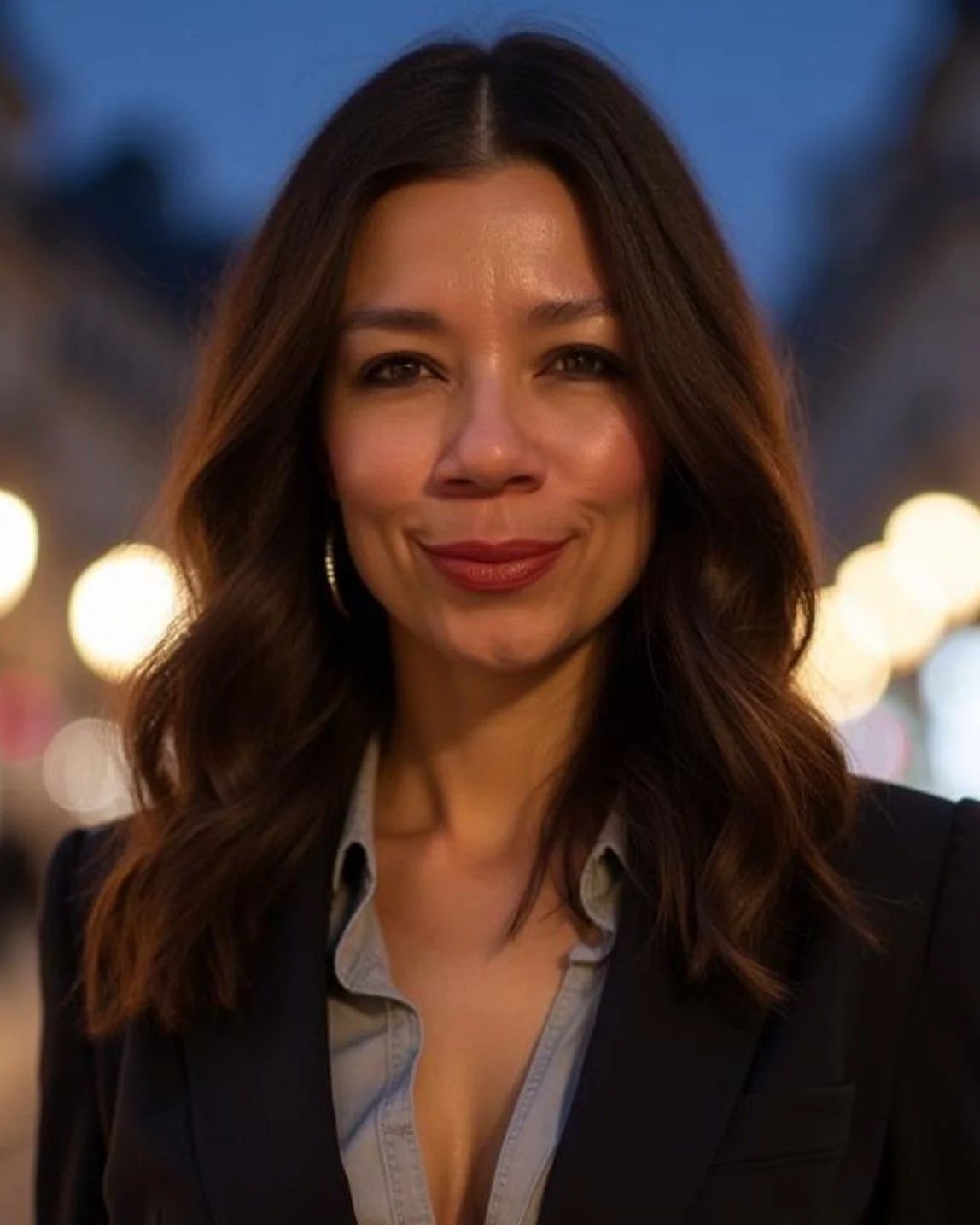 A woman with long, wavy brown hair smiling at night with blurred city lights in the background. Writer. Creative Catalyst. Consultant. | Confessions of a Creative. Build a Life, Brand, or Body of Work That Feels Like You.