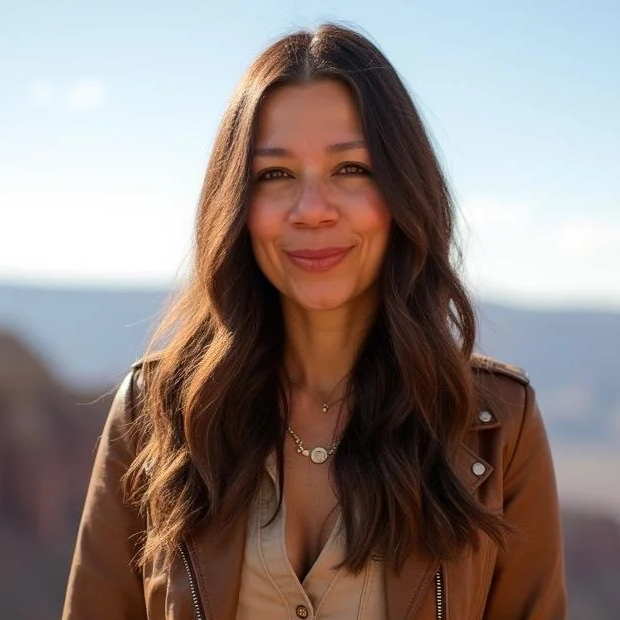 A woman with long brown hair smiling outdoors against a blue sky and landscape background.