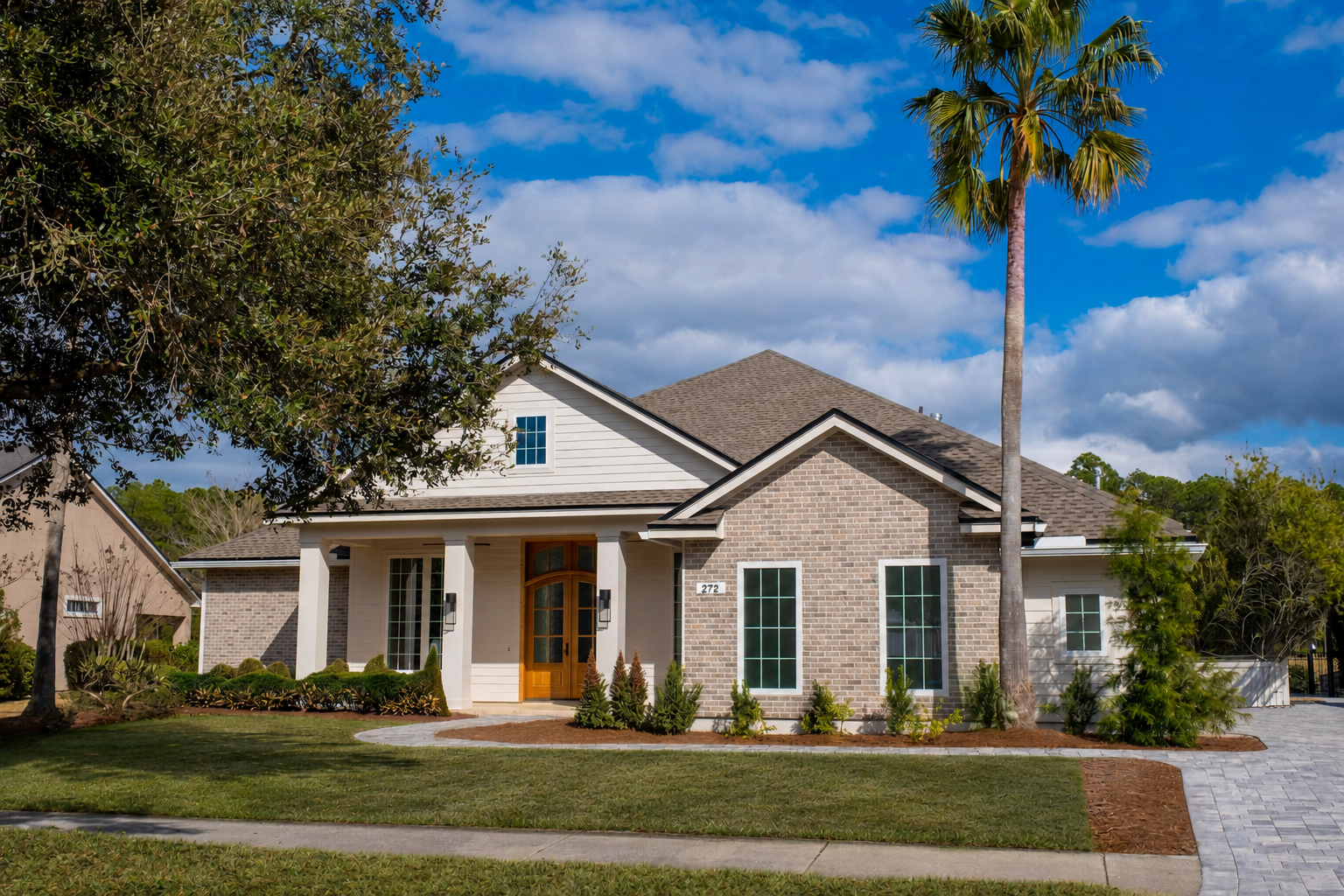 A house with a brown shingle roof, brick and white siding exterior, front porch with wooden door, surrounded by greenery including palm trees, a small garden, and a sidewalk in front under a partly cloudy sky.