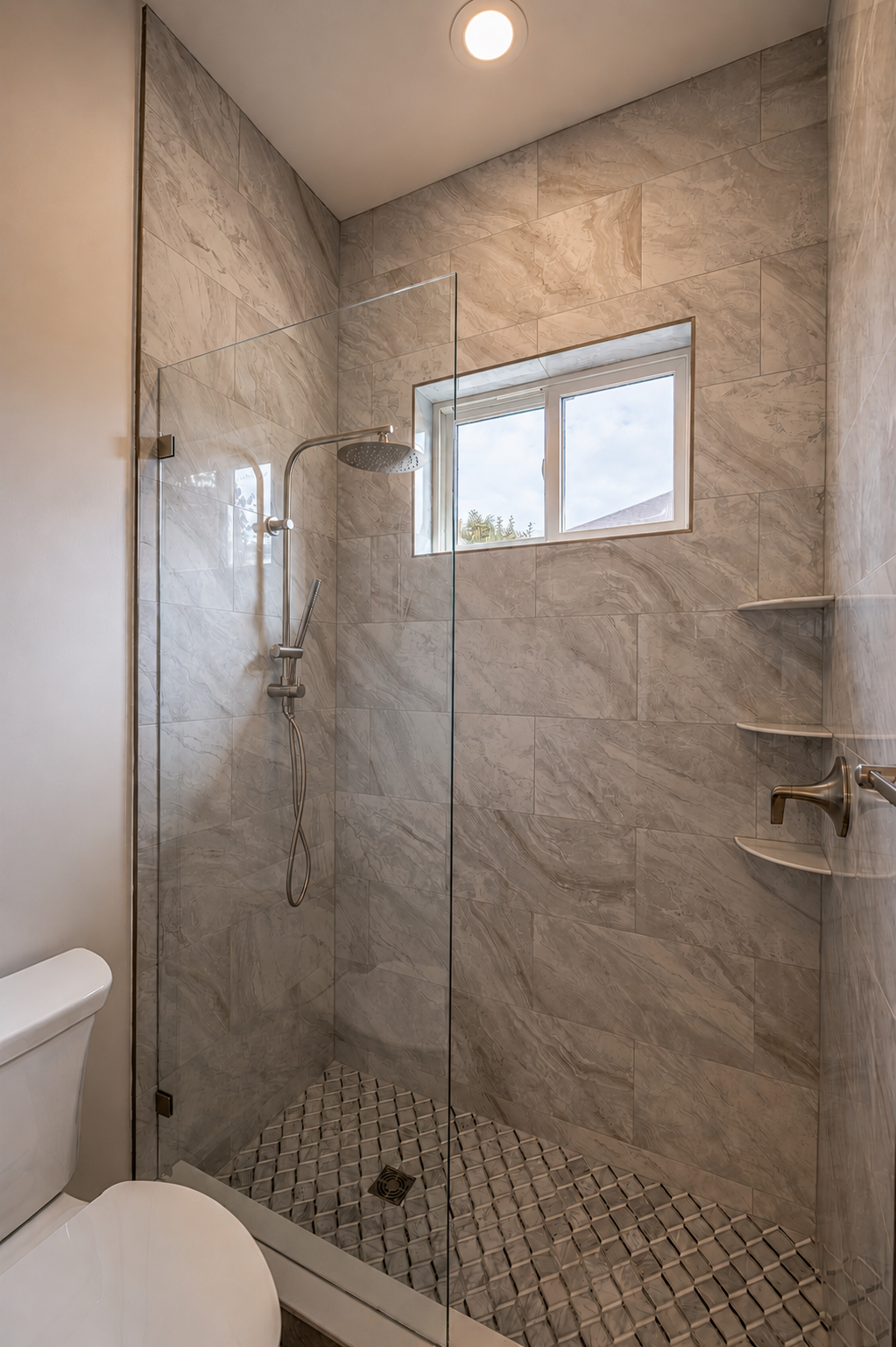 Bathroom shower area with marble tiles, glass partition, rainfall showerhead, handheld shower, built-in corner shelves, small window, ceiling light, and toilet partially visible.