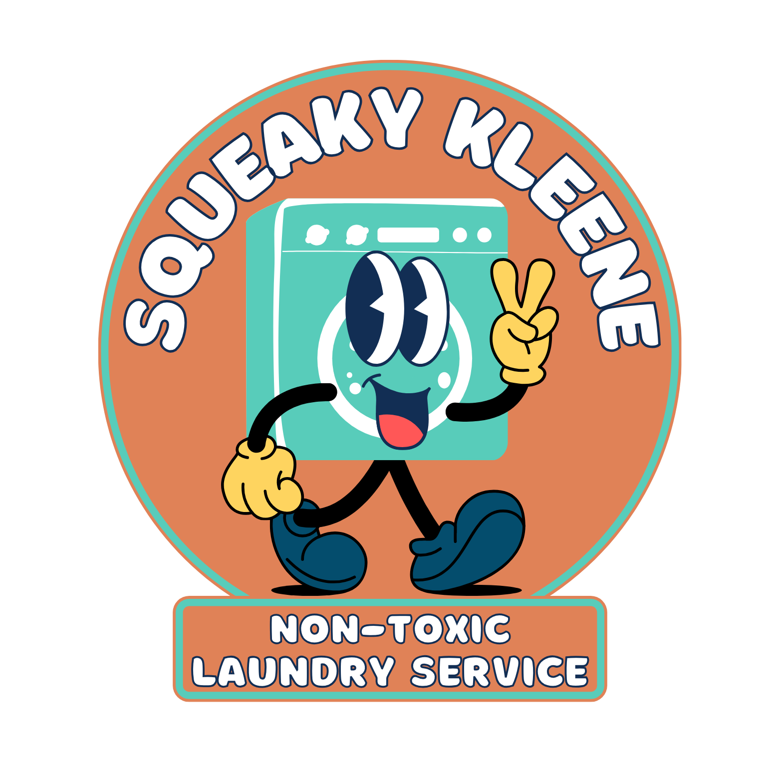 Logo of a non-toxic laundry service called squeaky kleen, featuring a cartoon washing machine with eyes, a mouth, yellow gloves, and blue shoes, making a peace sign with one hand. The logo has a circular design with the text 'Squeaky Kleen' at the top and 'Non-Toxic Laundry Service' at the bottom.