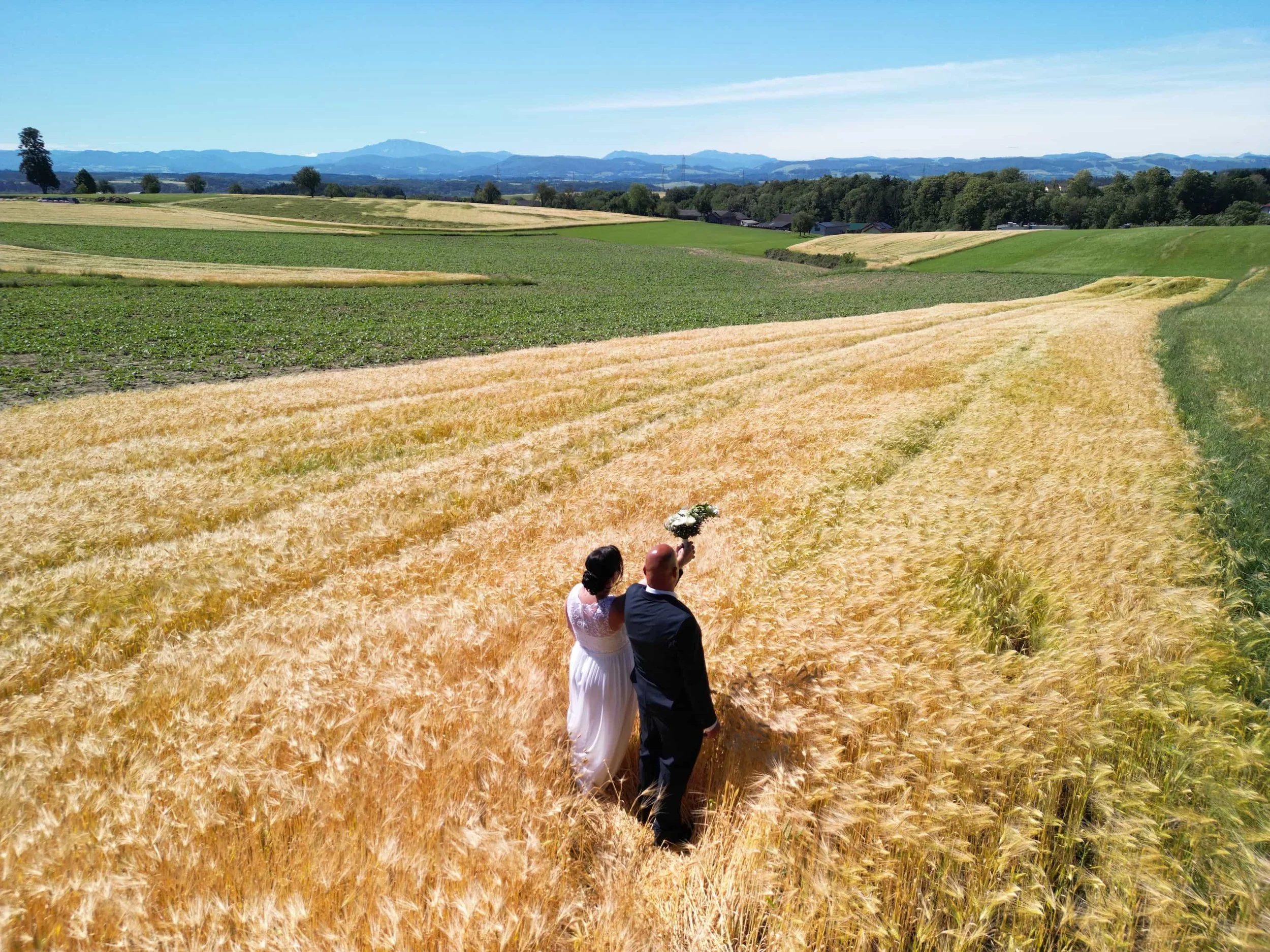 Drohnenaufnahme vom Hochzeitsfotograf: Brautpaar im Gerstenfeld mit Bergblick, Mostviertel