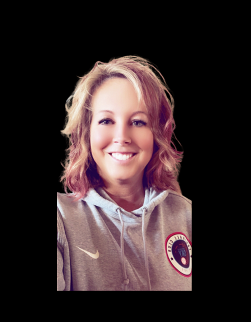 Smiling blonde woman with shoulder-length hair wearing a dark top.