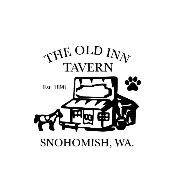 Logo for The Old Inn Tavern in Snohomish, Washington, featuring a drawing of a house, a dog, and a paw print, with text indicating it was established in 1898.