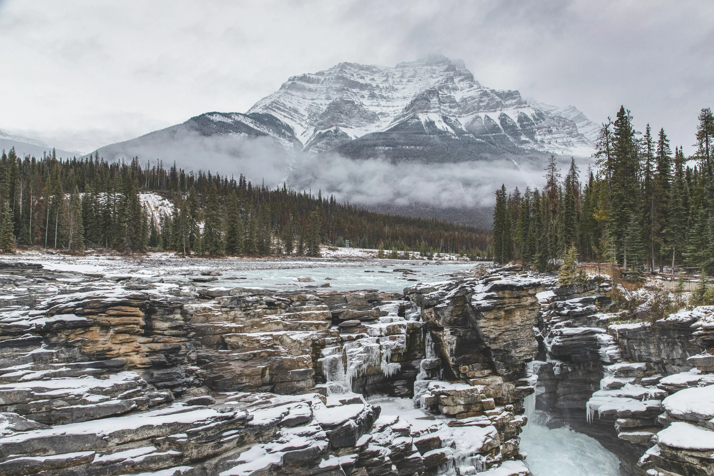 waterfall in jasper in the winter