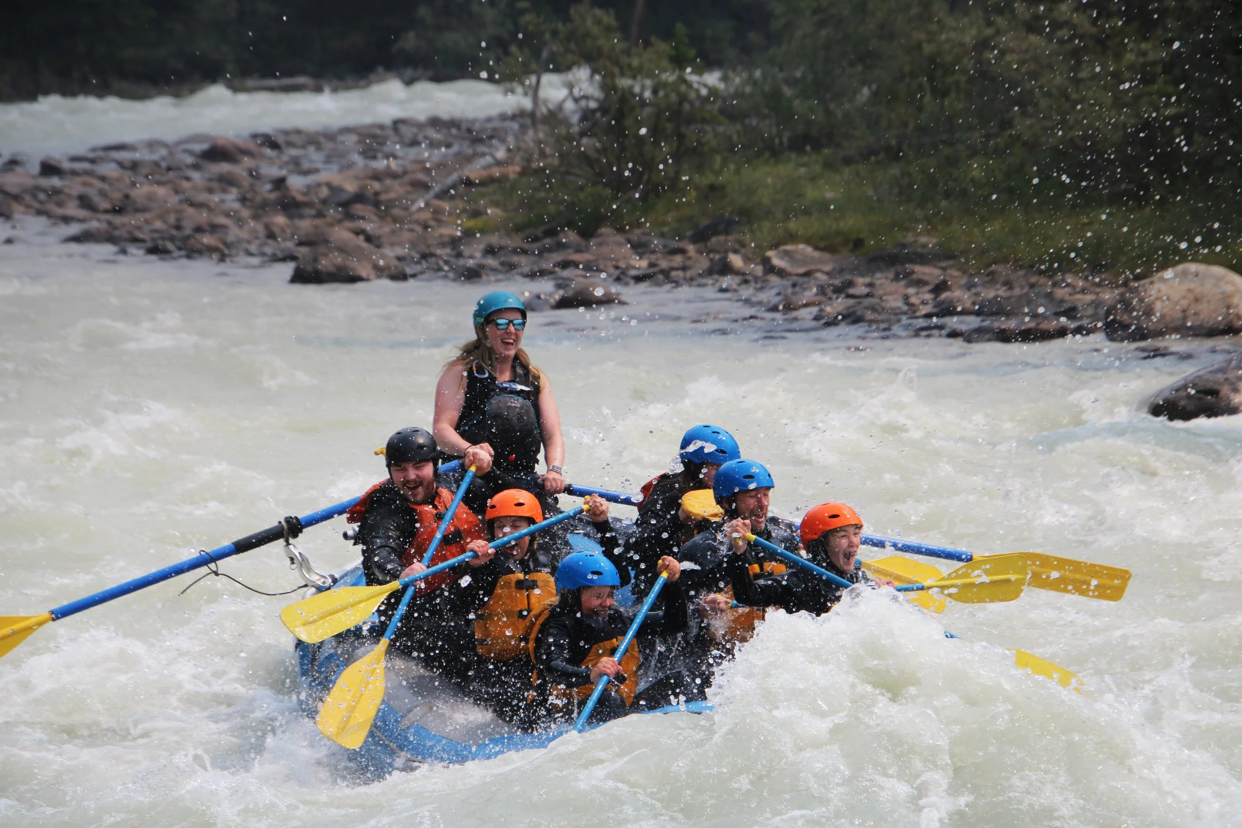 Class III rivers and rapids on the Sunwapta River during whitewater rafting in the Canadian Rockies