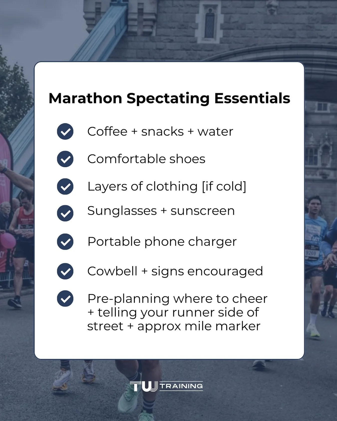 If you&rsquo;re gonna be out cheering for a marathon in multiple spots, you need to be prepared! 📣

I&rsquo;ve spectated dozens of races and this list is what always comes with me. I&rsquo;ve neglected to bring a portable charger in the past (cuz I 