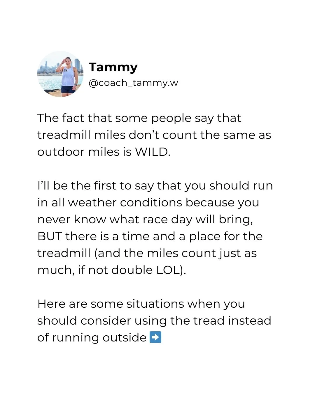 Just a little PSA about using the treadmill 🚨

There&rsquo;s no shame in using the treadmill over running in extreme cold. You&rsquo;re not a better runner for running outside. If it&rsquo;s what you PREFER, great. But let&rsquo;s stop shaming peopl