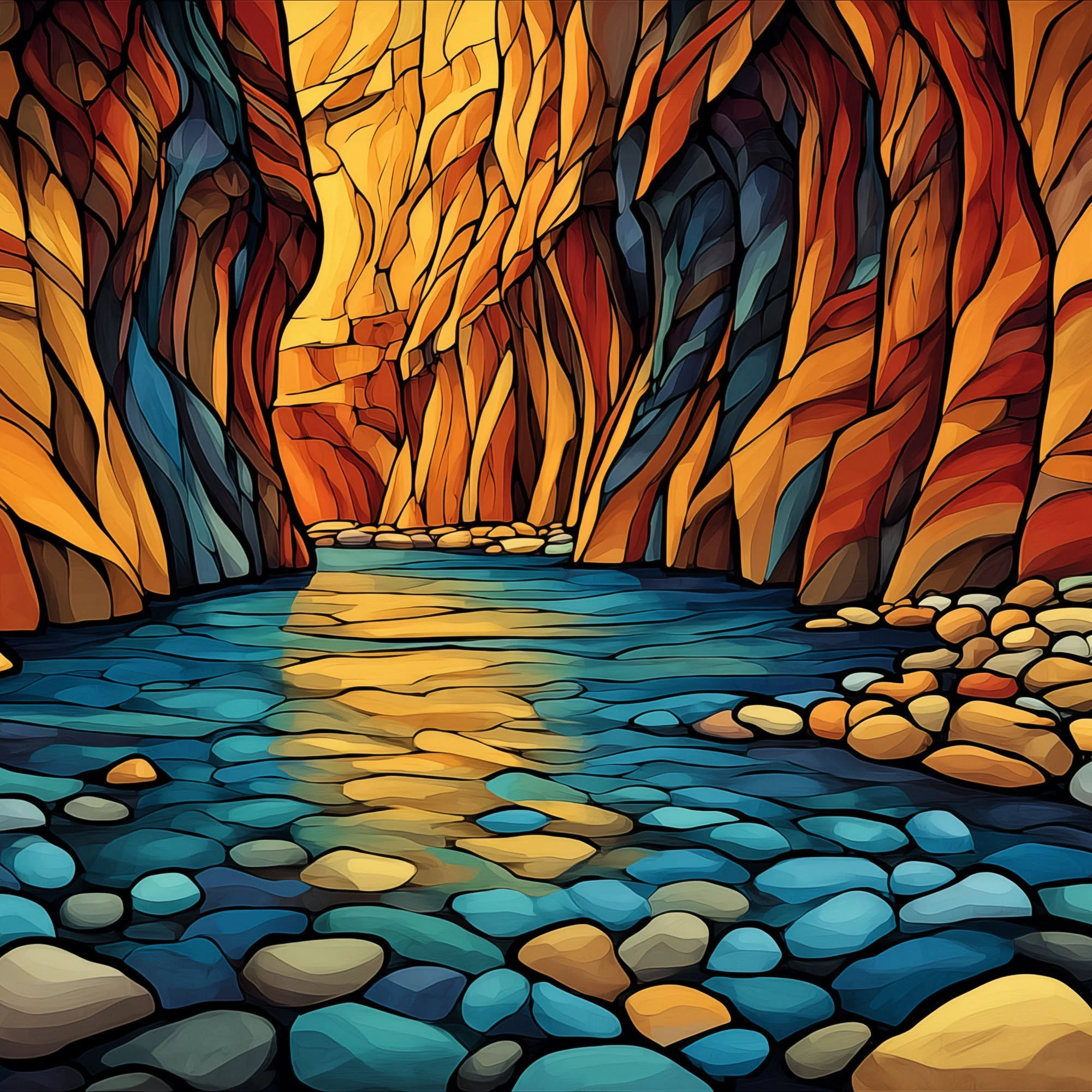 Center panel of Zion National Park Zion Narrows Smooth Pebbles triptych featuring reflective water and glowing canyon passage