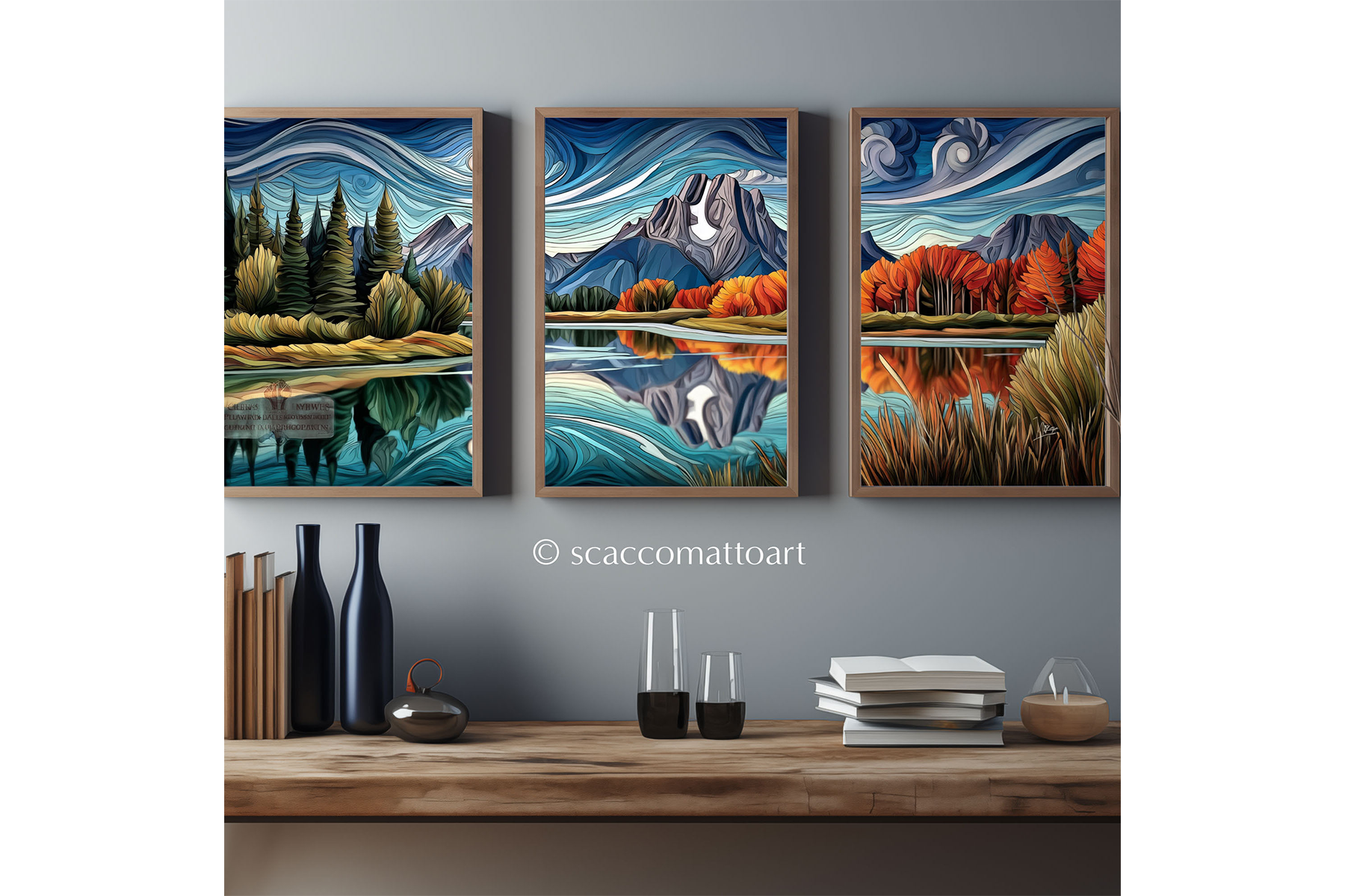 Framed Grand Teton triptych wall art above a console table, featuring mountain reflections, evergreen trees, autumn color, and swirling blue sky in an abstract landscape style.