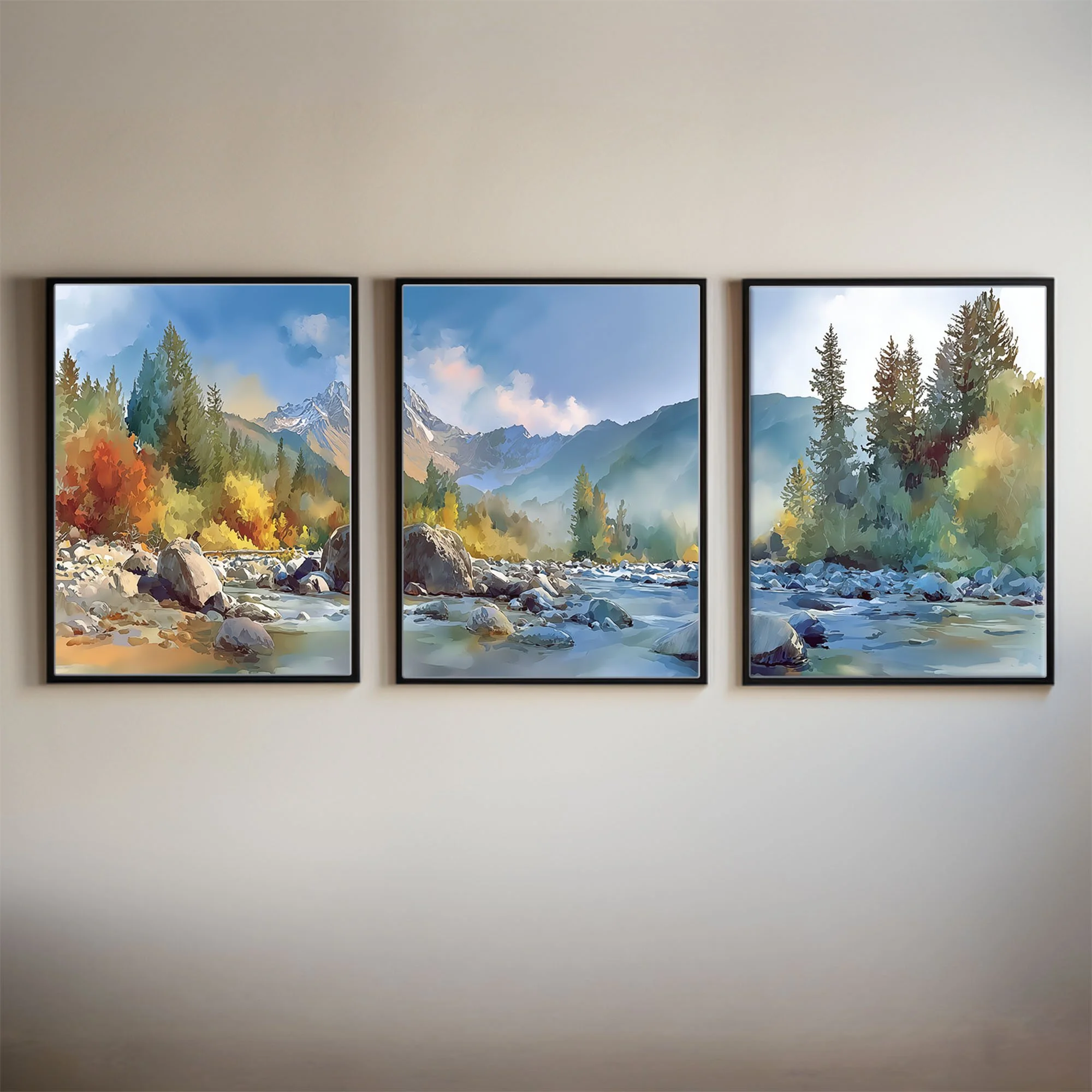 Framed Mount Washington Olympic National Forest watercolor triptych on a neutral interior wall
