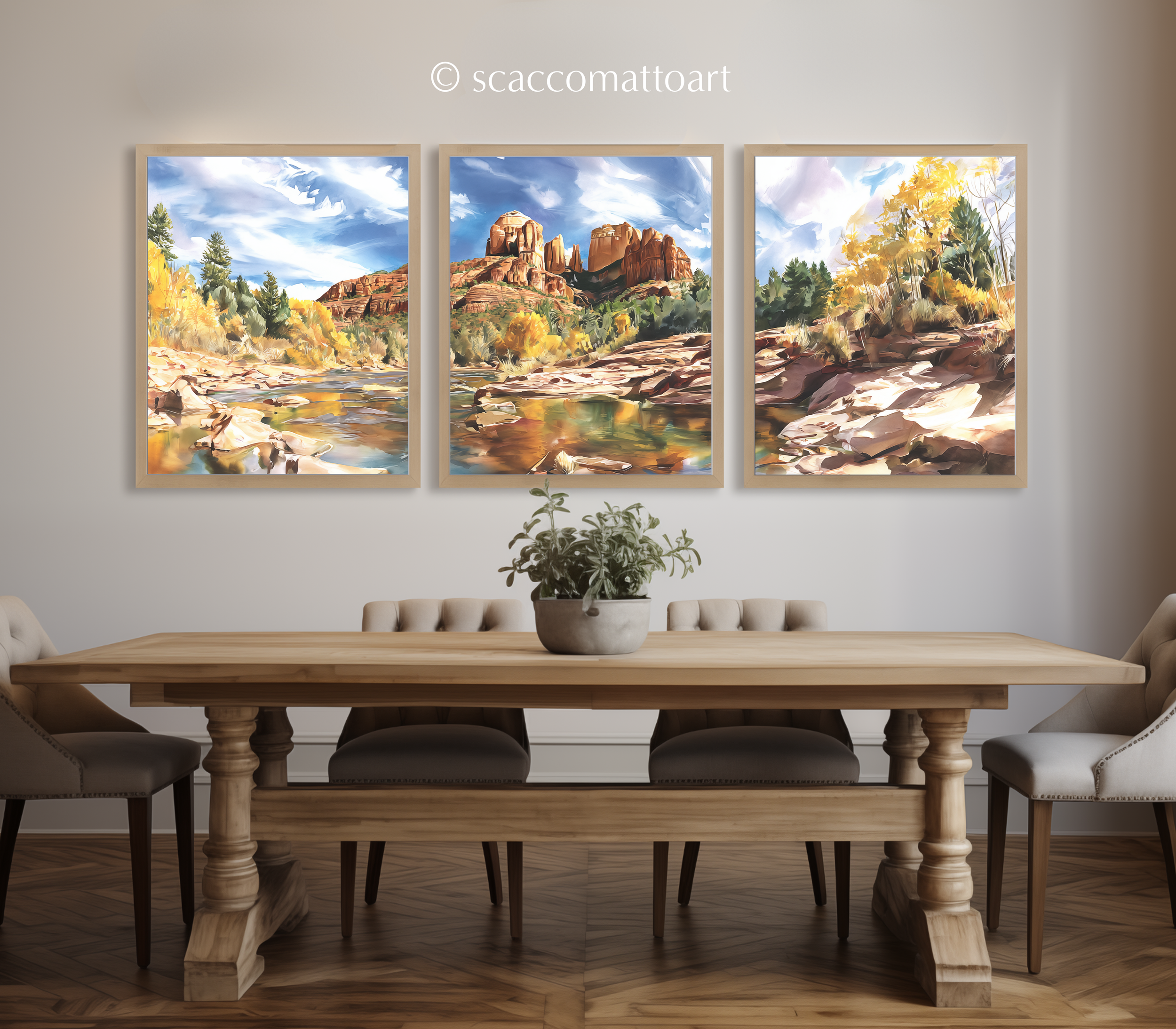 Three-panel Cathedral Rock Sedona watercolor wall art above a wooden dining table
