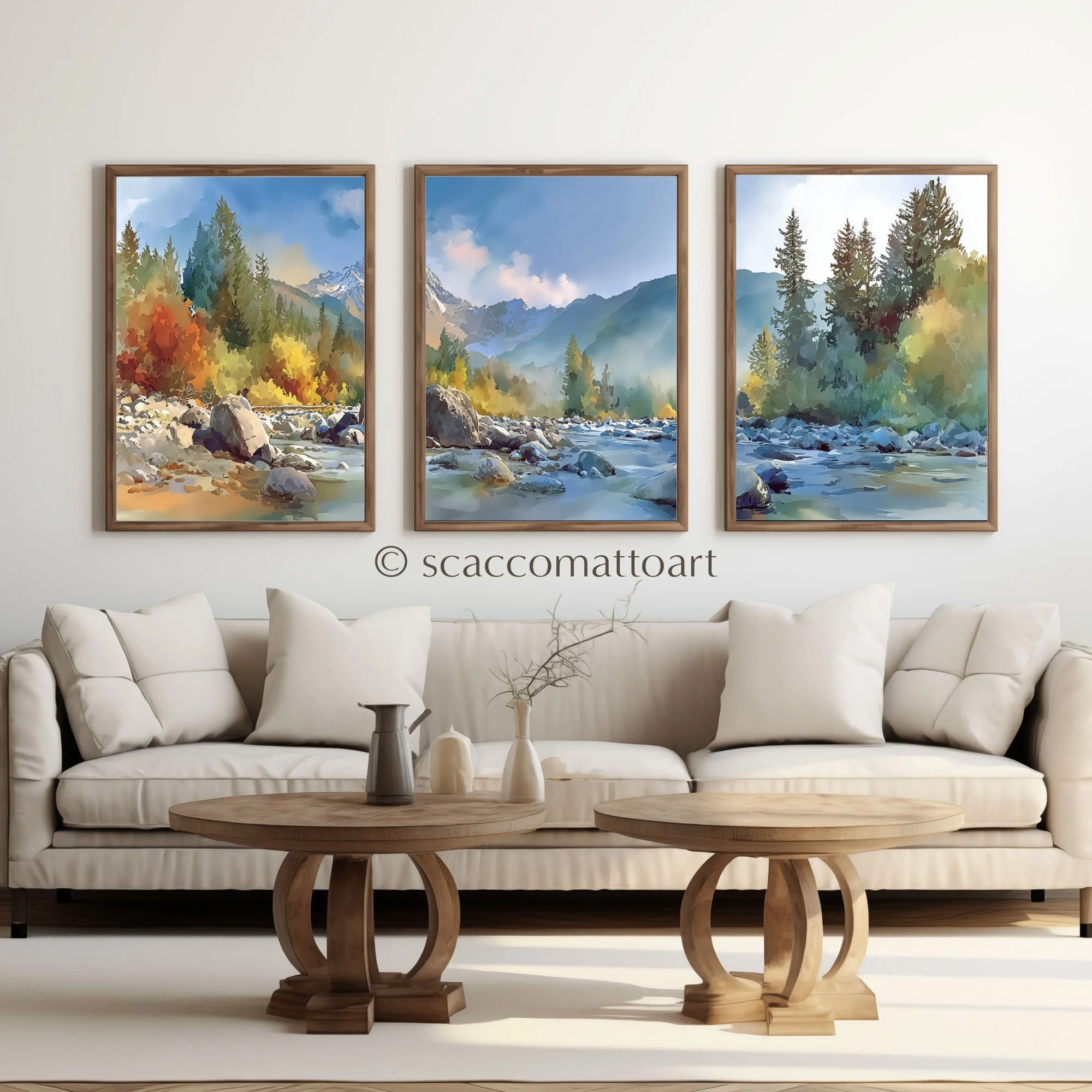 Mount Washington Olympic National Forest watercolor triptych displayed above a cream living room sofa