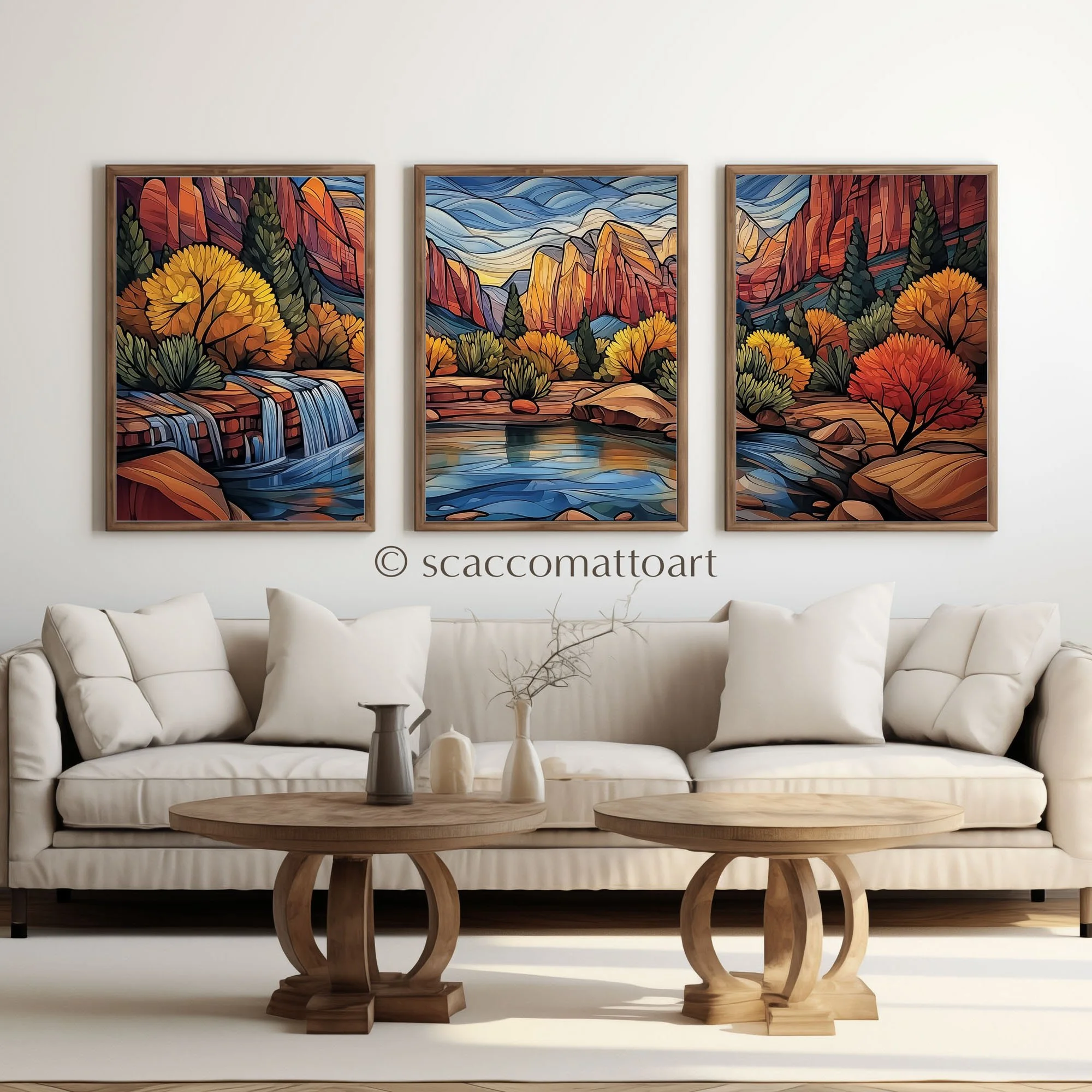 Zion National Park Emerald Pools abstract acrylic triptych displayed above a cream living room sofa