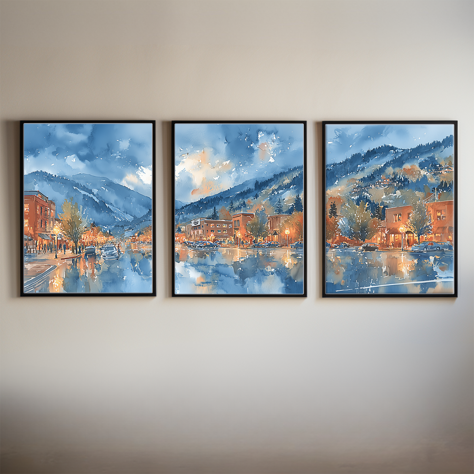 Park City Utah Sunset Watercolor Triptych Wall Art, Set of 3 Mountain Town Prints