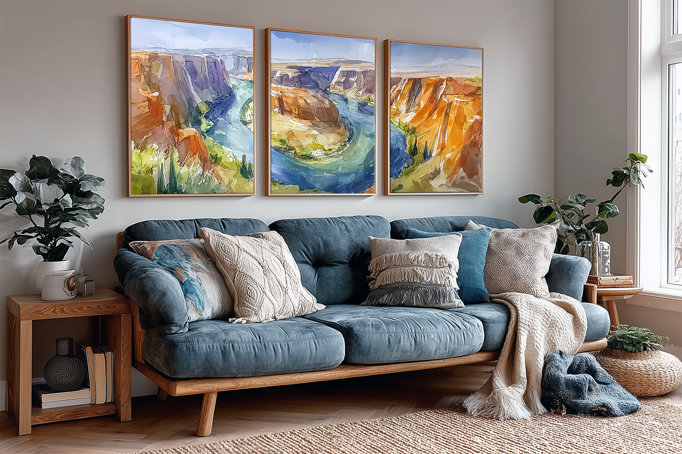 lake-powell-and-glen-canyon-utah-watercolor-triptych-wall-art-angle-living-room.webp