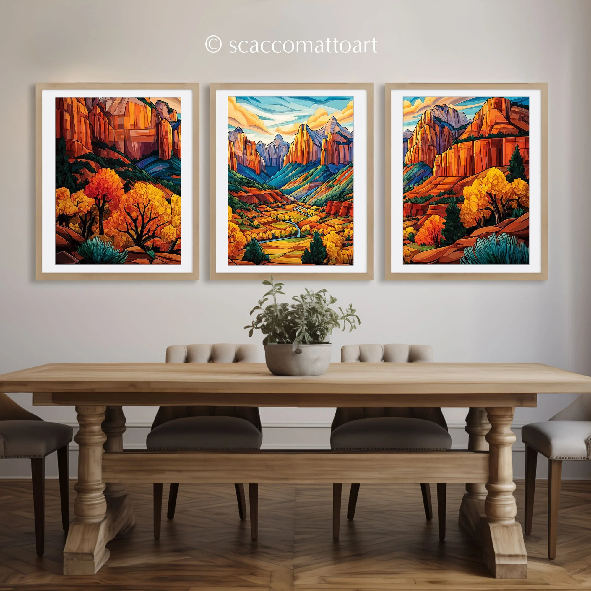 Framed Kolob Canyons in fall abstract acrylic triptych displayed above a dining table in a warm neutral interior.