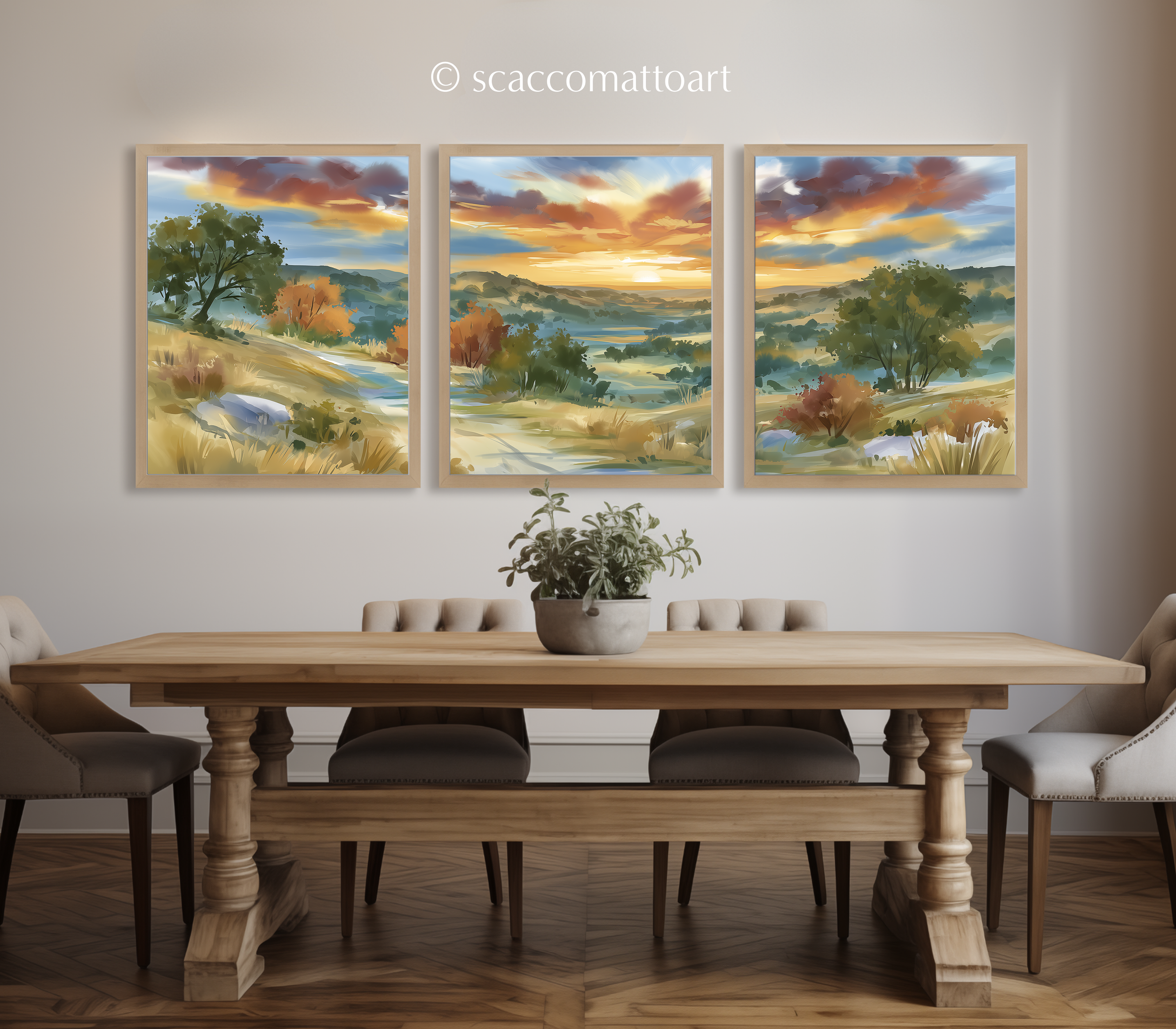texas-hill-country-warm-landscape-watercolor-triptych-wall-art-dining-room.webp