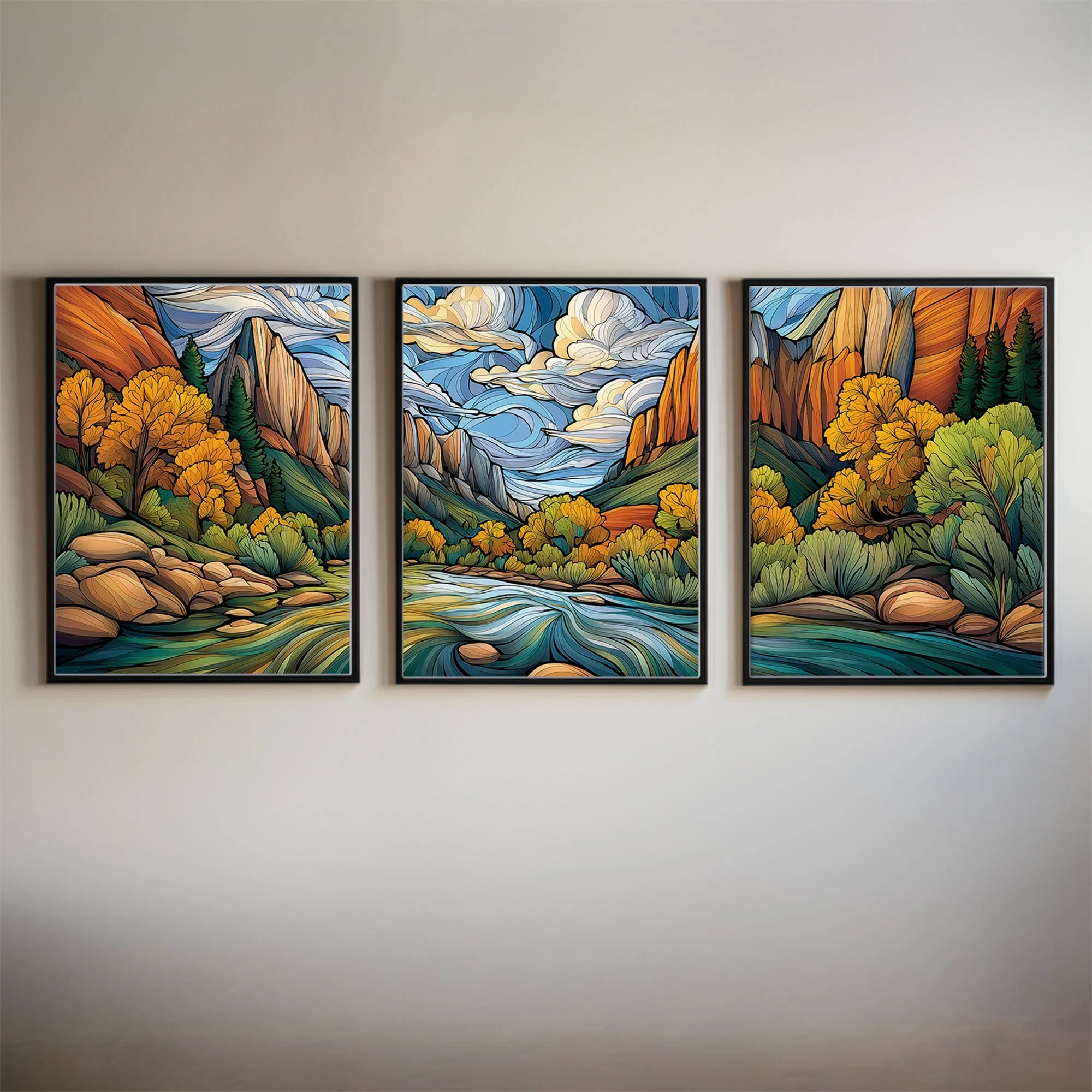 Kolob Canyons Zion National Park abstract acrylic triptych mounted on a light wall, highlighting red canyon cliffs, autumn trees, and a flowing river.