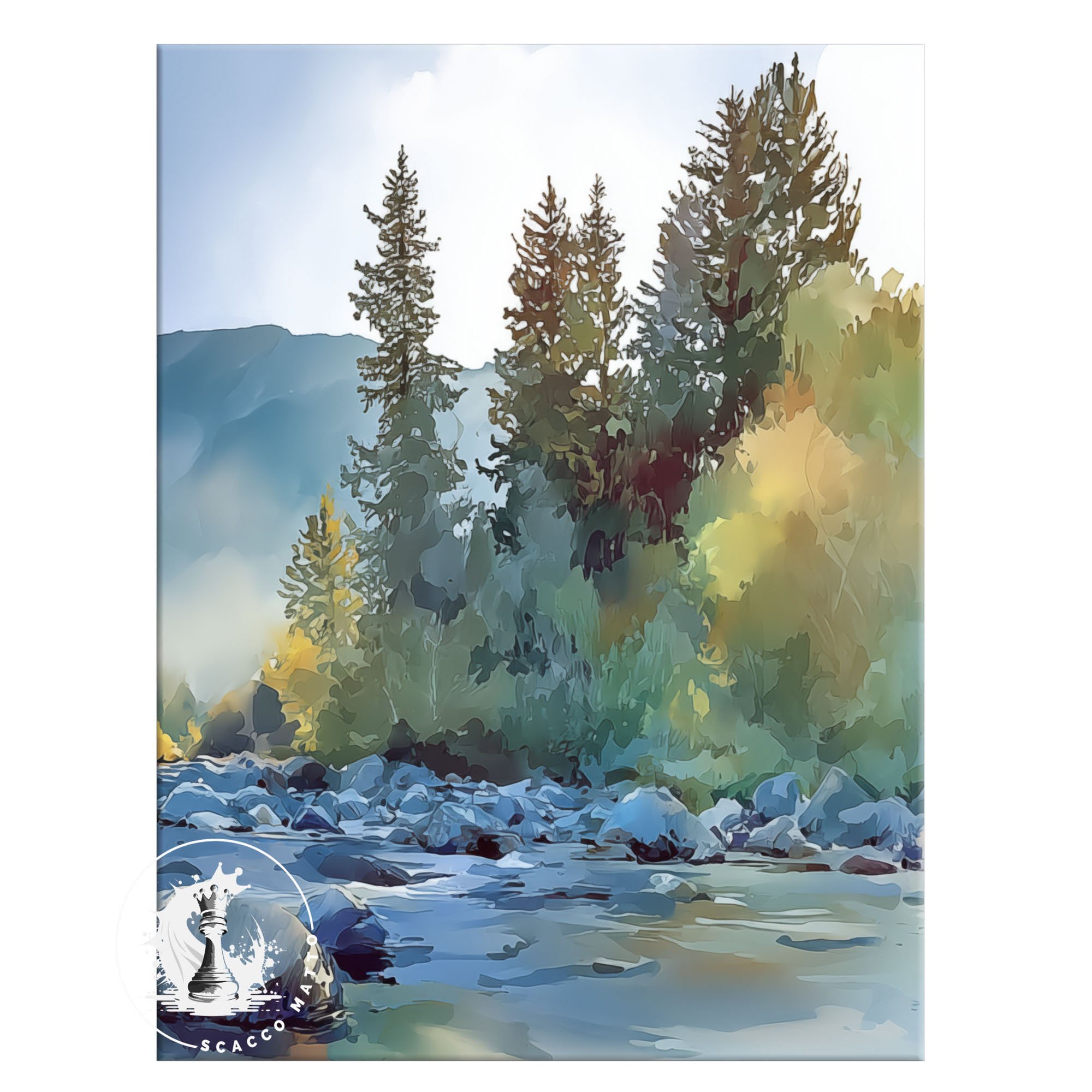 Right panel of Mount Washington Olympic National Forest triptych featuring evergreen trees, riverbank, and soft mountain haze