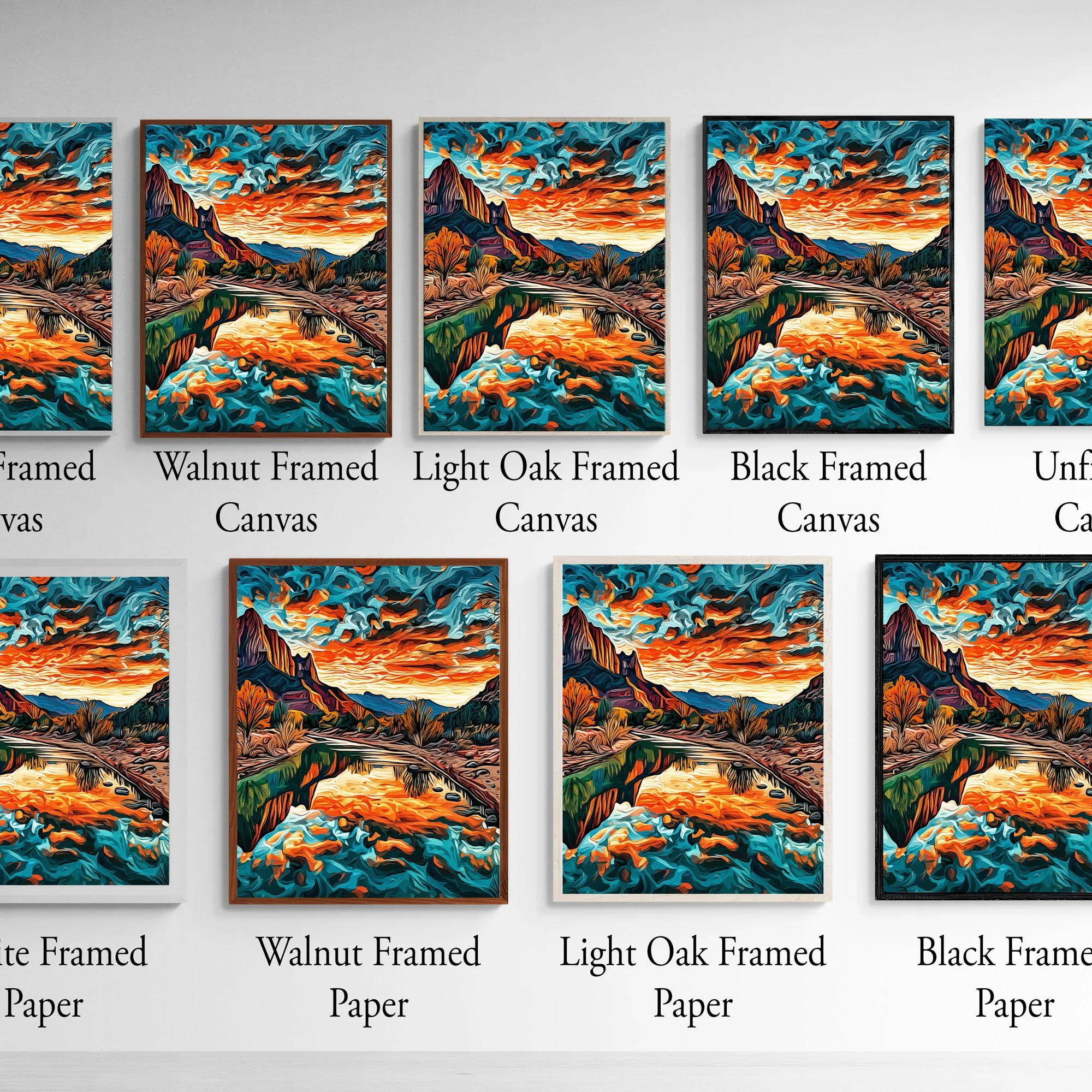 Frame and print material options for Zion National Park Watchman Mountains at Sunset abstract acrylic giclée wall art