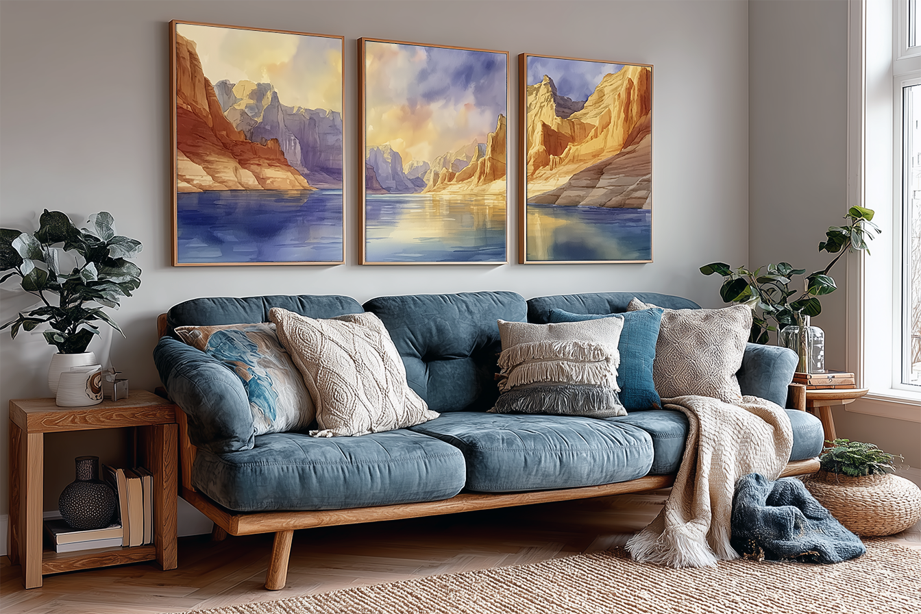 Lake Powell and Glen Canyon Desert Lake Watercolor Triptych Wall Art, Set of 3 Utah Prints
