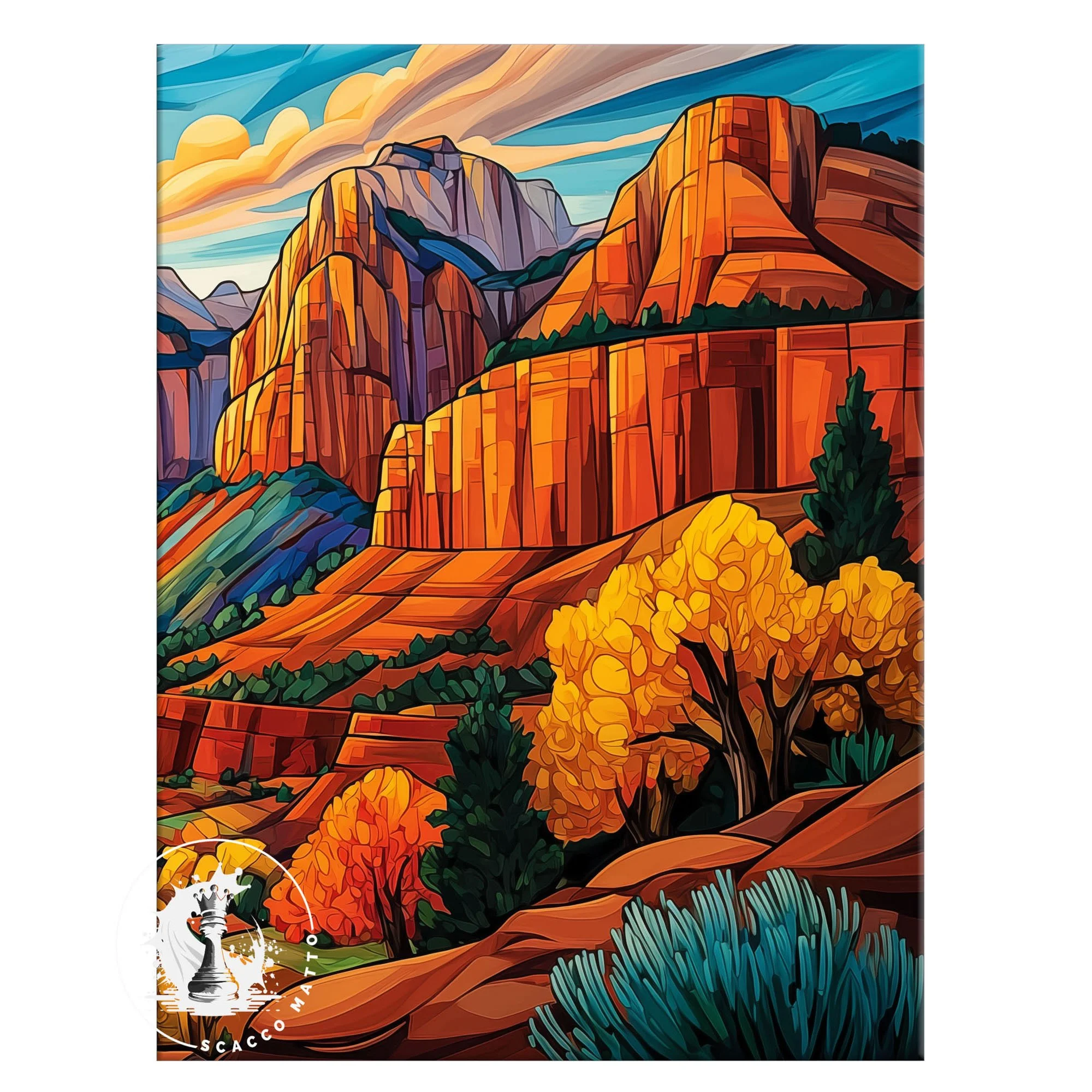 Close-up of the left section of Kolob Canyons in fall abstract acrylic artwork, showing sandstone cliffs, golden foliage, and desert brush.