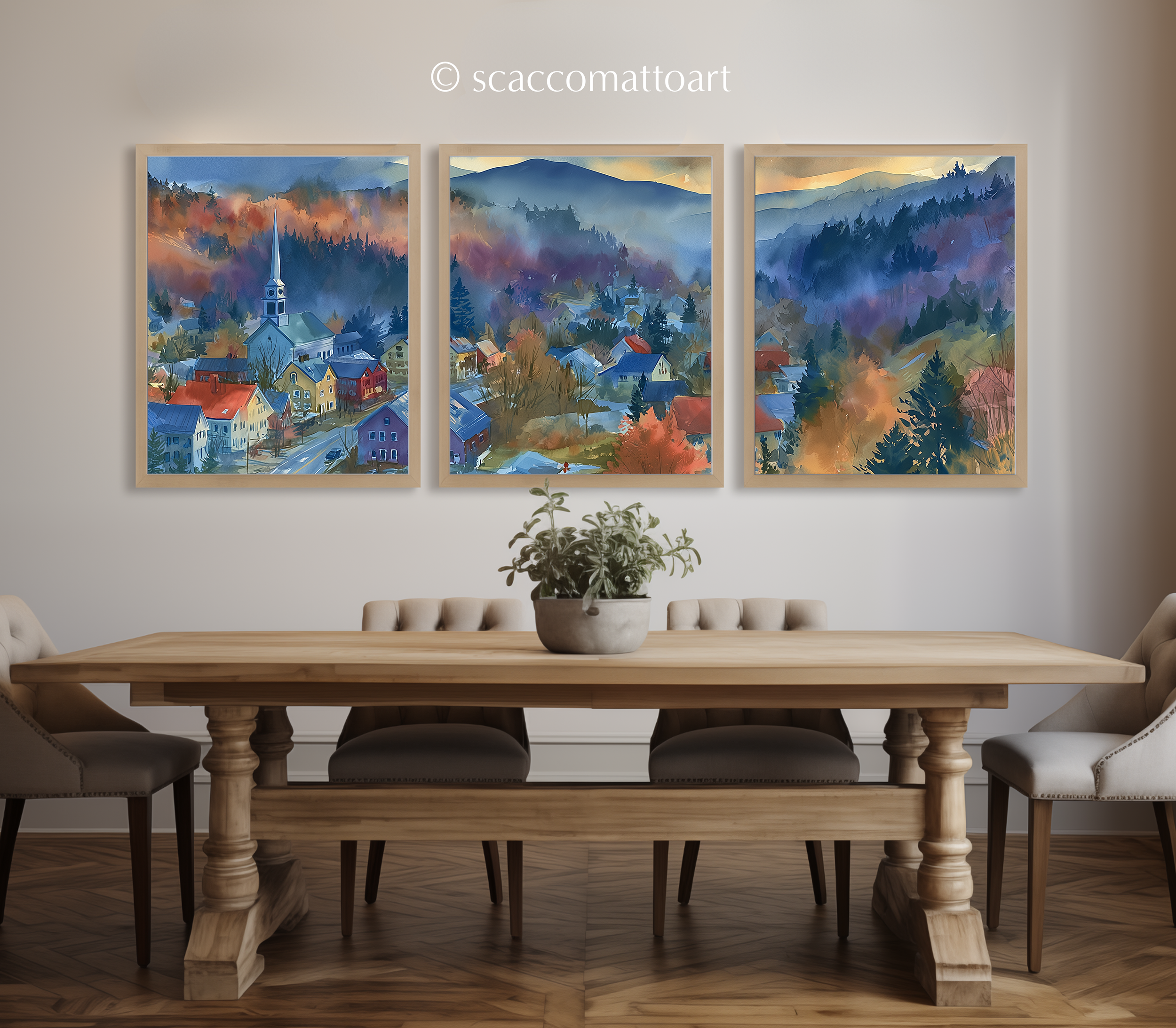 downtown-stowe-vermont-watercolor-triptych-wall-art-dining-room.webp