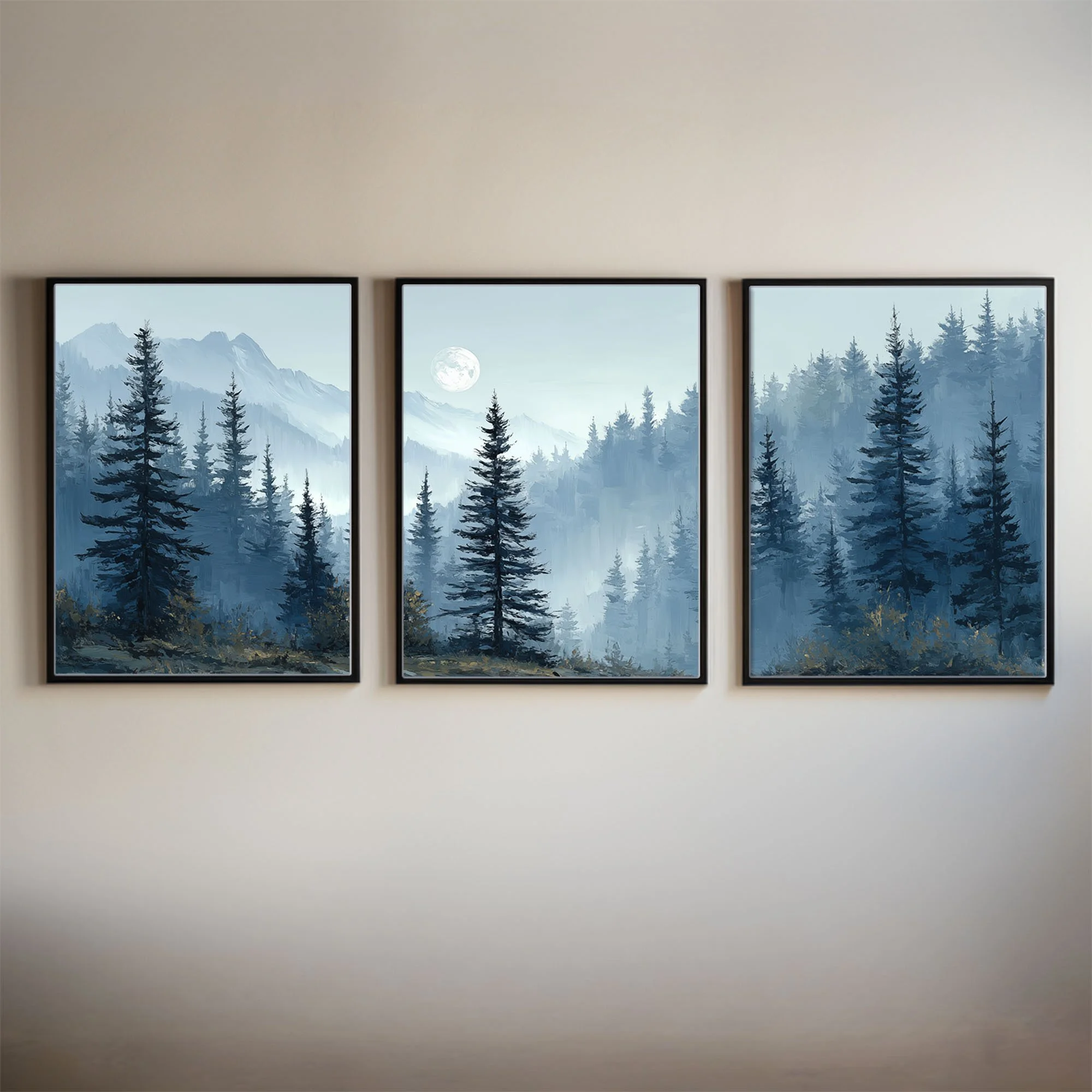 Framed Olympic National Park by Moonlight watercolor triptych on a neutral interior wall