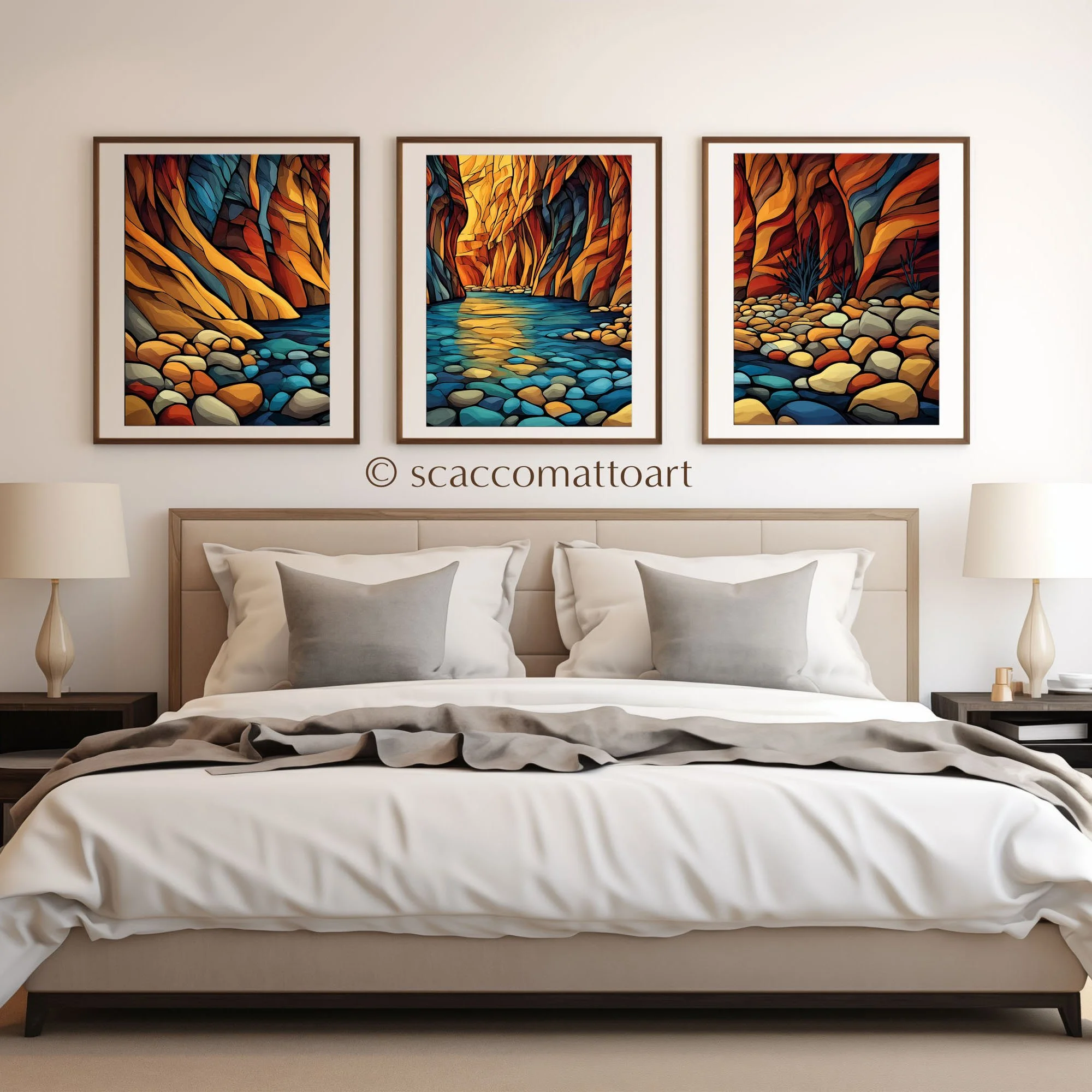 Zion National Park Zion Narrows Smooth Pebbles abstract acrylic triptych wall art styled above a bed