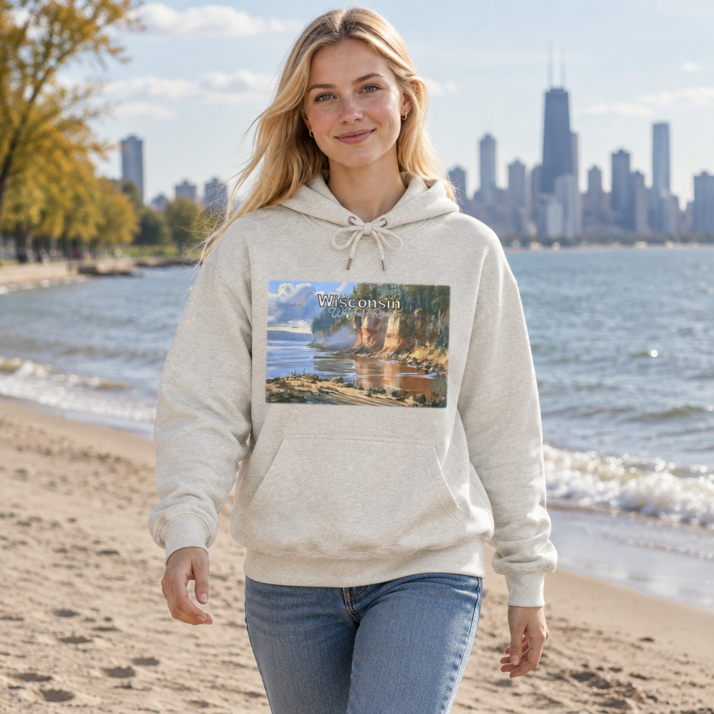 Woman wearing an oatmeal hoodie with a Wisconsin watercolor landscape print on a lakeshore beach