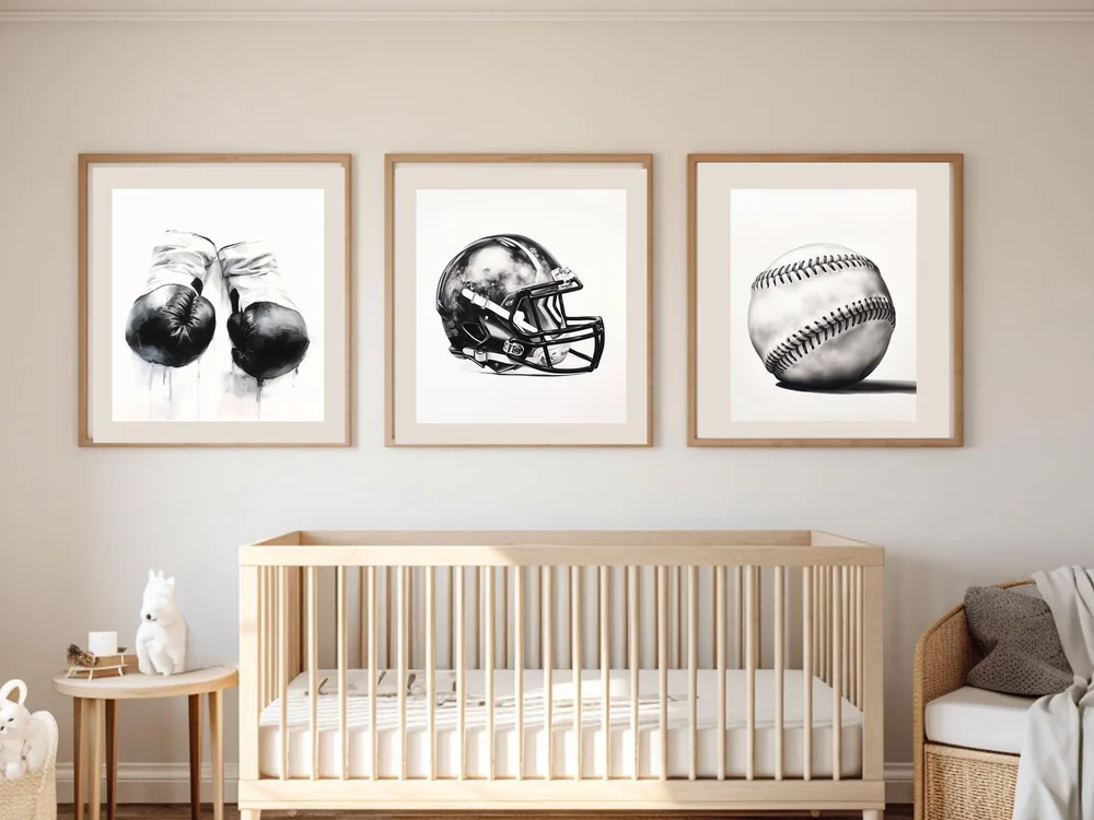 Vintage Sports Nursery Kids Bedroom Set of Baseball Football and