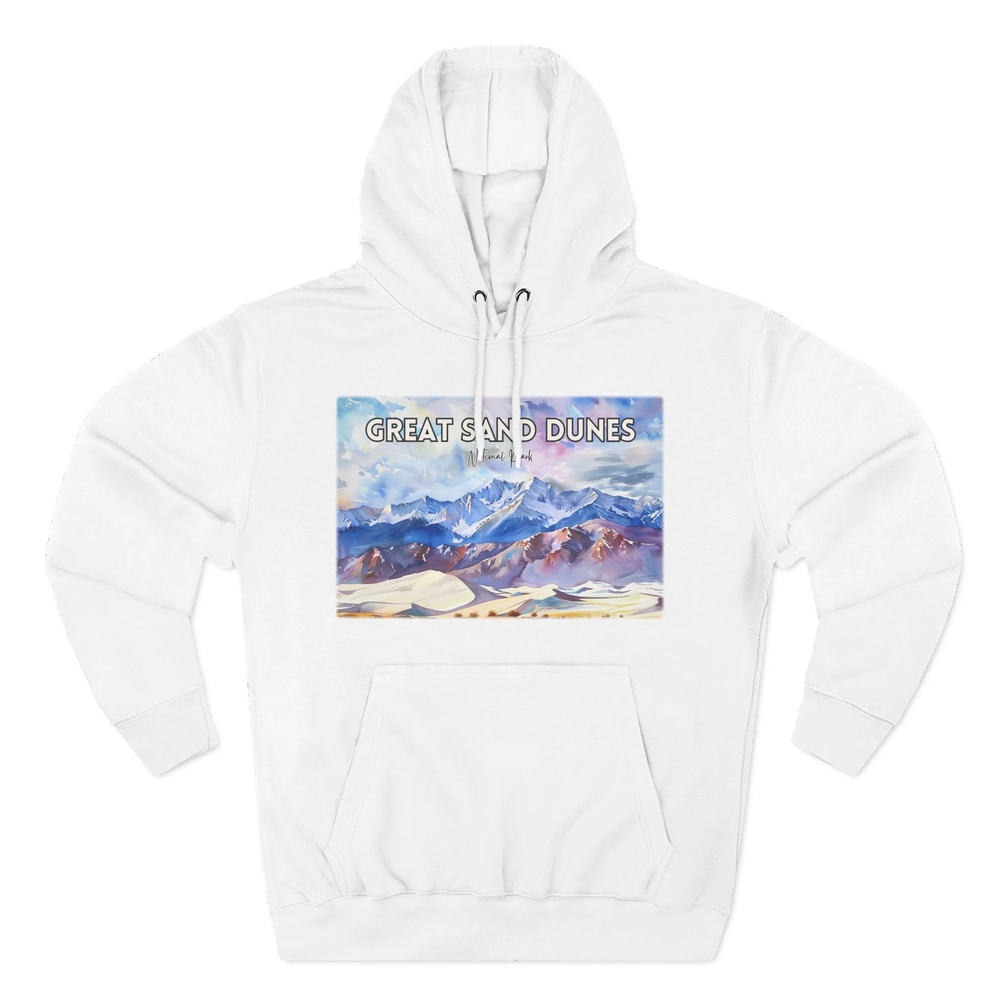 Great Sand Dunes Hoodie – Pastel Watercolor Pullover Sweatshirt with Desert Landscape and Mountain Art