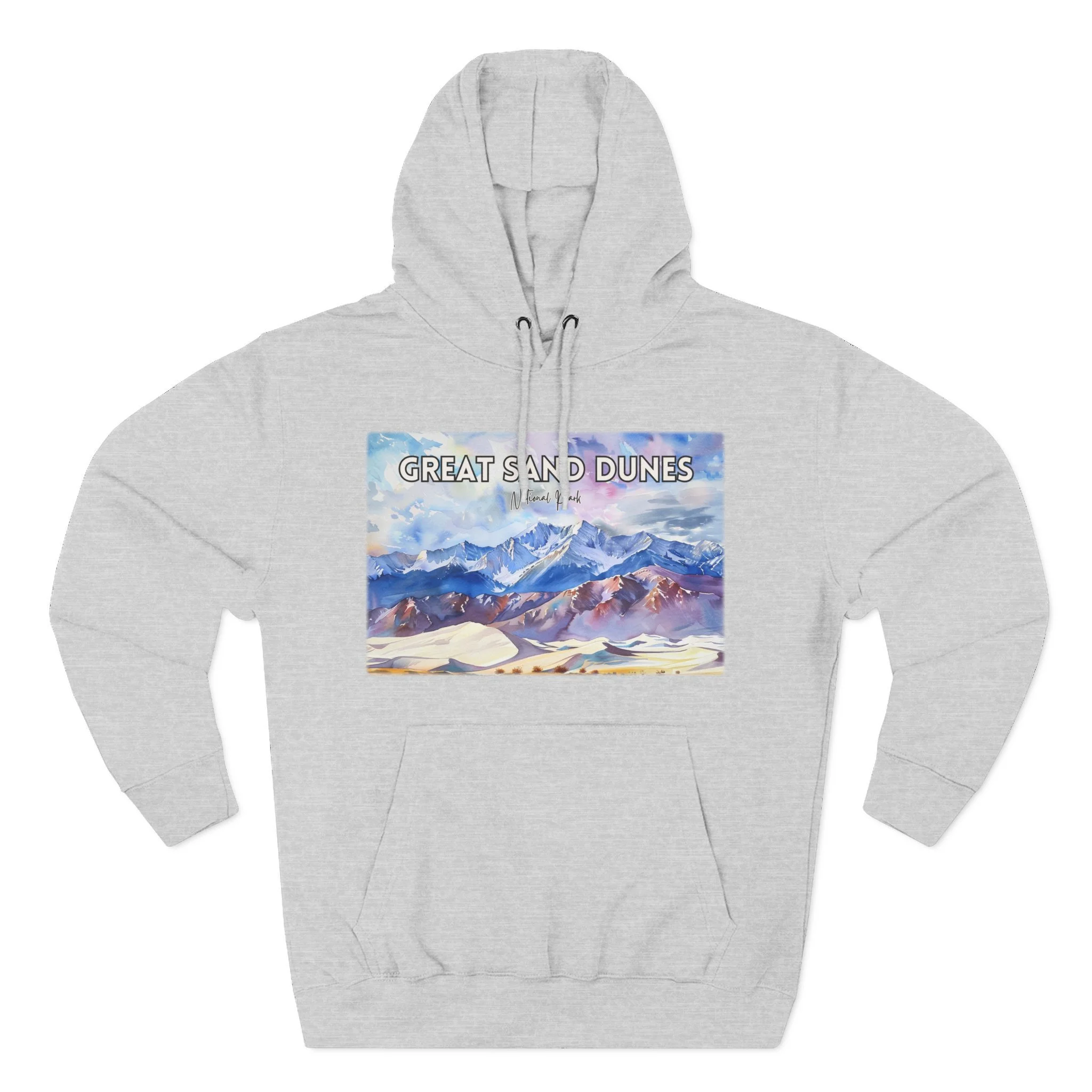 Great Sand Dunes Hoodie – Pastel Watercolor Pullover Sweatshirt with Desert Landscape and Mountain Art