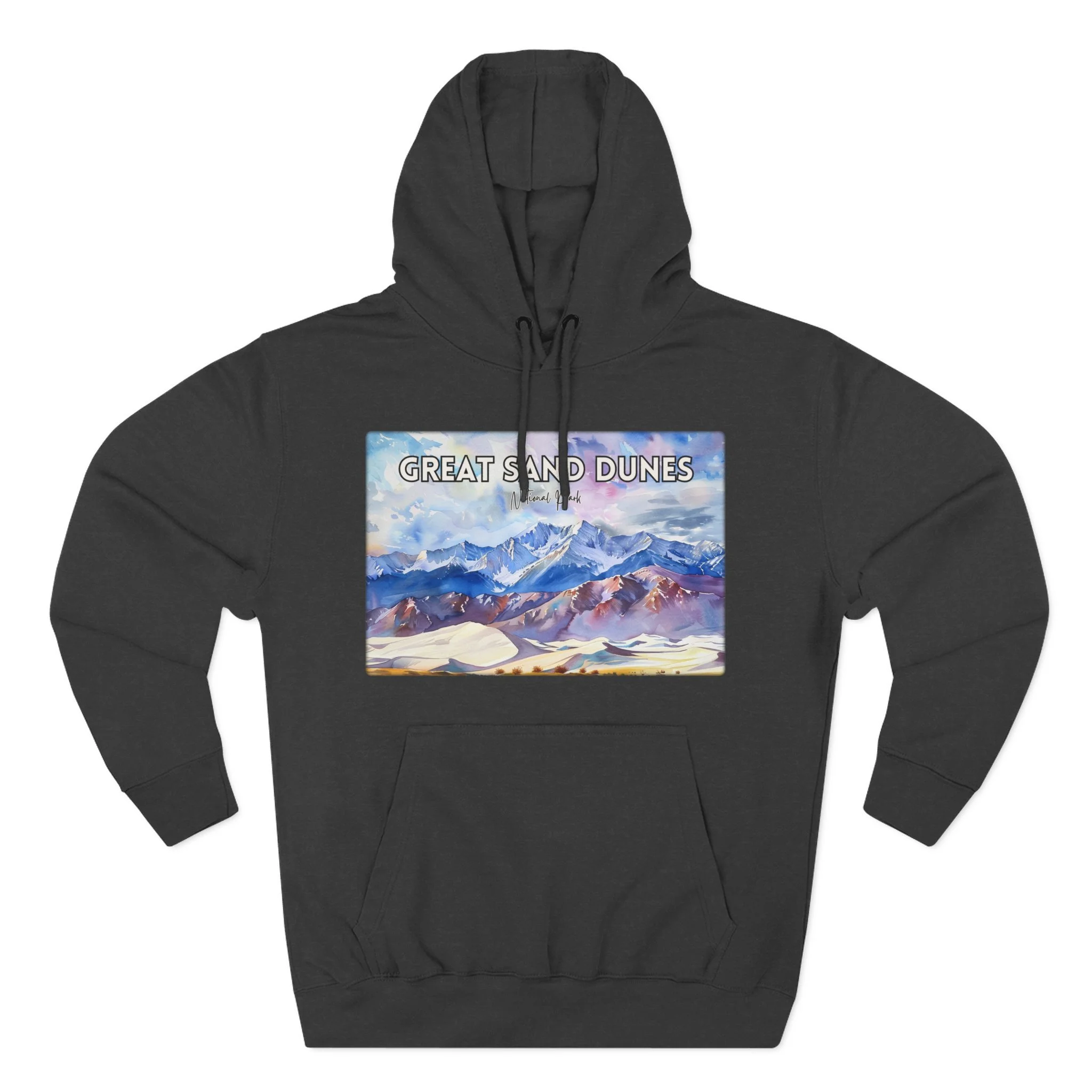 Great Sand Dunes Hoodie – Pastel Watercolor Pullover Sweatshirt with Desert Landscape and Mountain Art